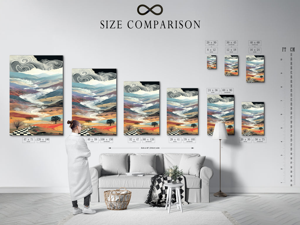 Size comparison chart in interior setting displaying surreal landscape artwork. This piece features dreamy mountains and a checkered path. Perfect for visualizing art in your space. Find the ideal fit today.