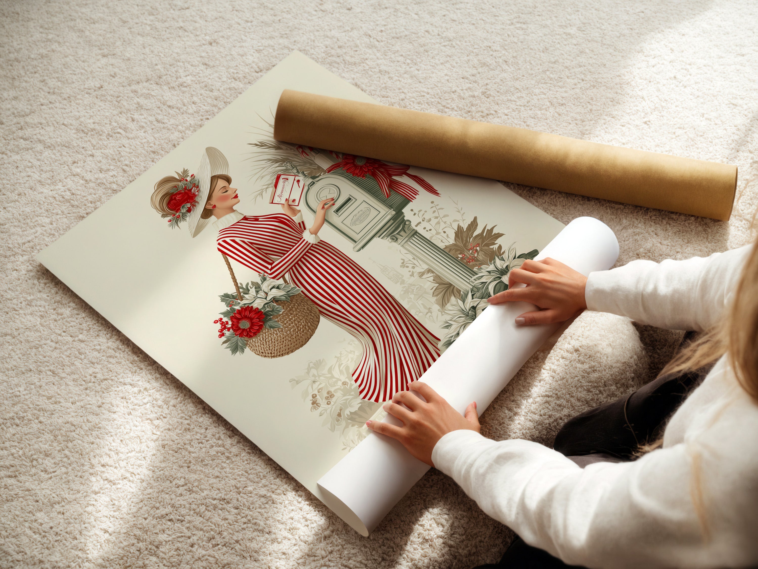 A woman is carefully rolling a fine art poster paper. This paper features a vintage lady art print. The red striped dress artwork ensures high-quality reproduction. Get your favorite artwork printed on premium fine art paper today.
