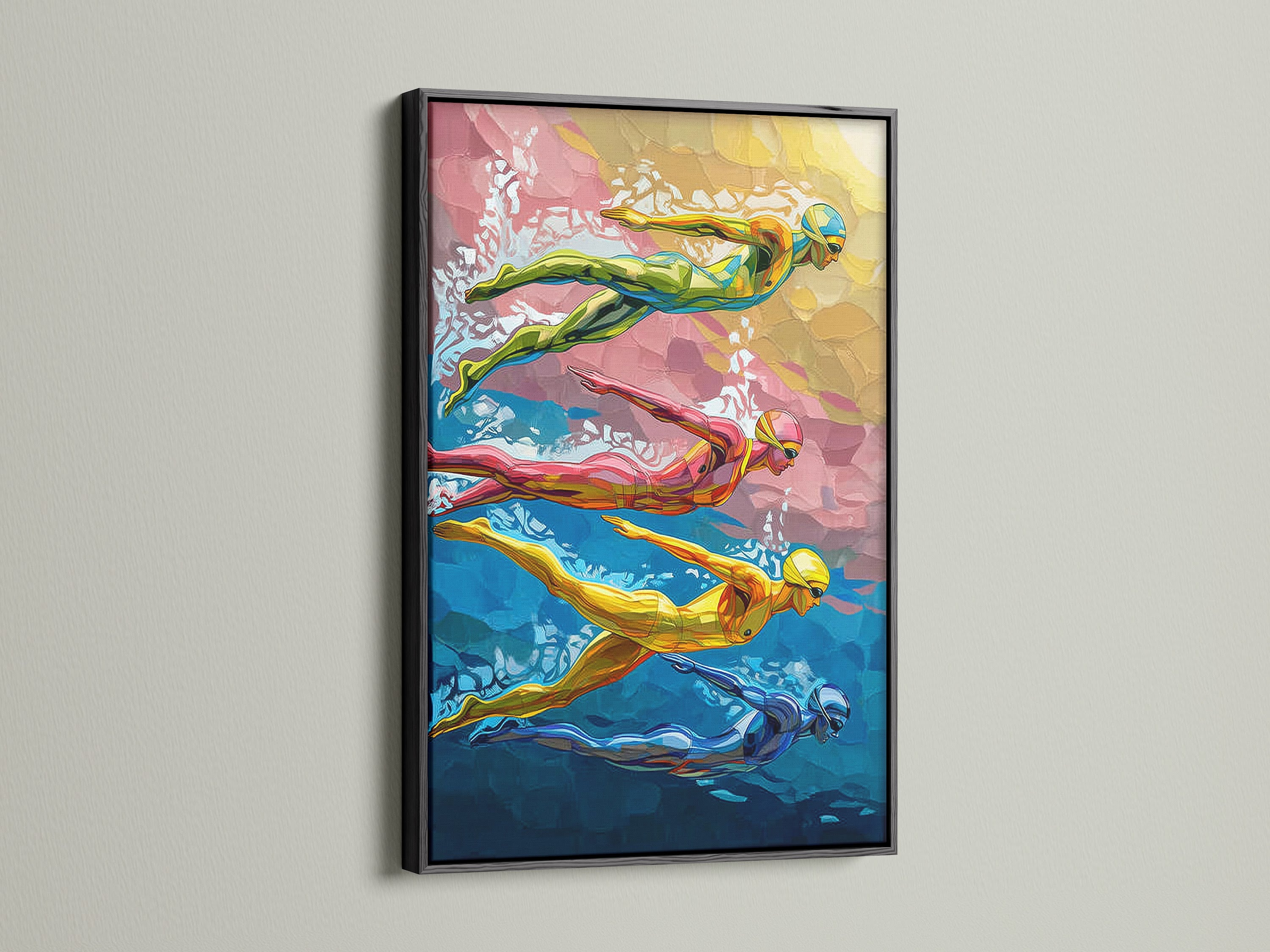 Swimming Pool Art Print displayed in a black frame. Add a touch of modern flair to your space with this sports wall art. Great for home gyms recreation rooms or any area needing a splash of color. Elevate your interior with this contemporary art.