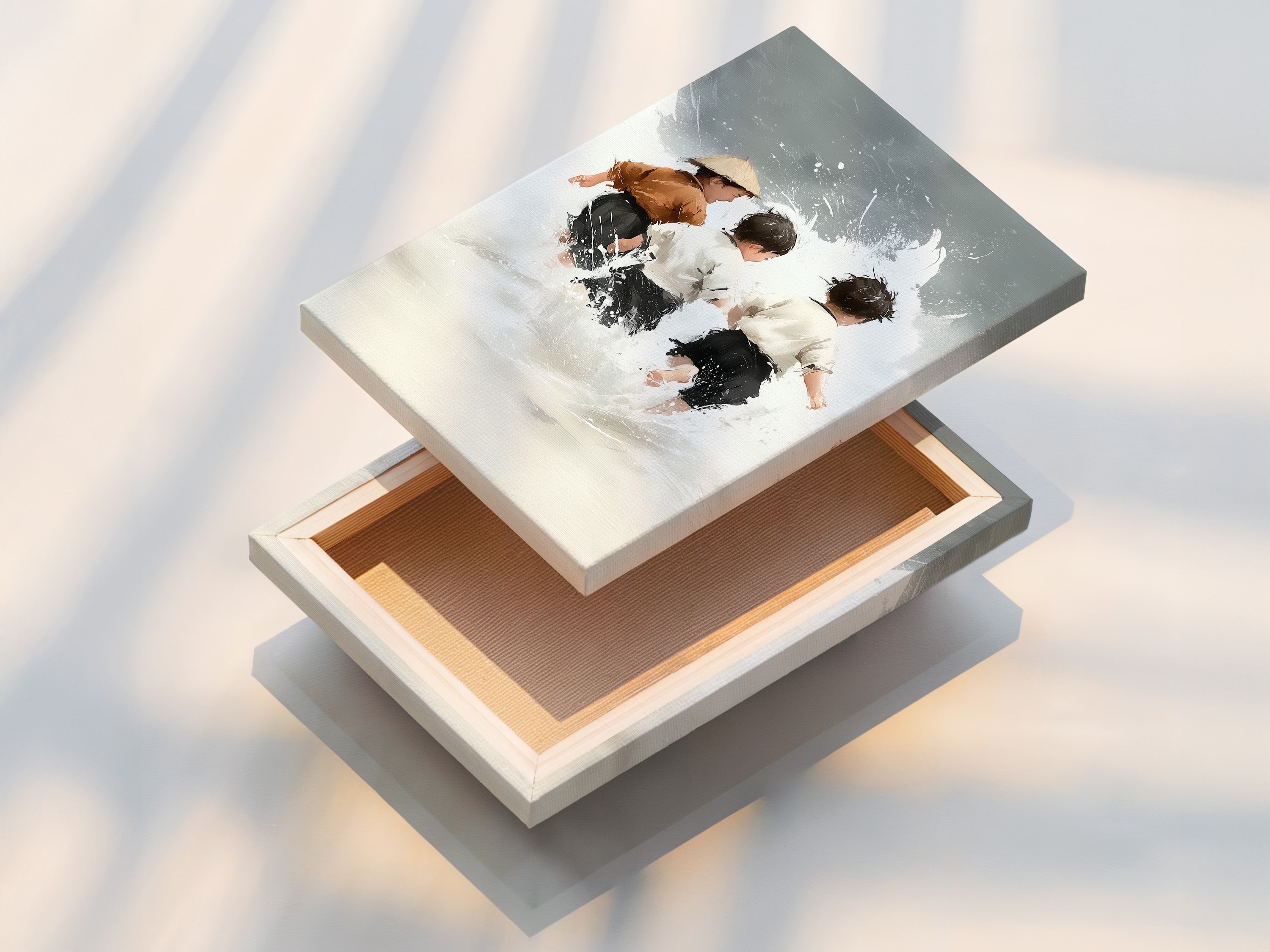 A stretched canvas print of Children at Play. Ready to hang and enjoy in any space. The stretched canvas highlights the neutral tones. Perfect for creating a focal point in your home. This seascape artwork adds a touch of coastal charm. Ideal for nursery wall decor and kids' room art.