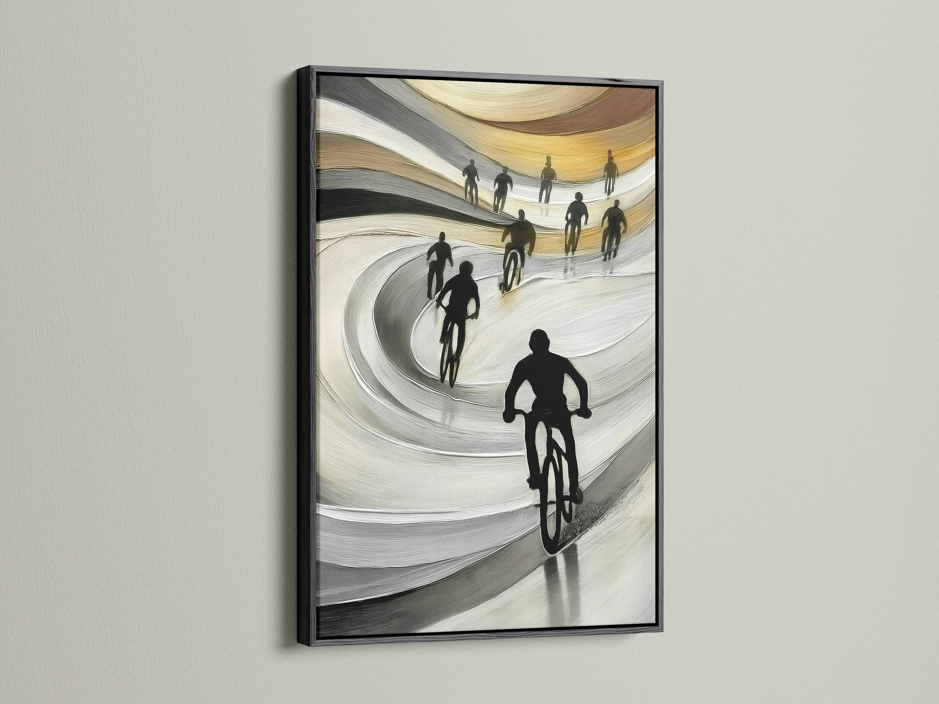 Here is the Cyclists Canvas Print in a black frame. A sleek and bold choice for your modern art print. This black and white artwork is perfect for sports clubs. Add sophistication to your wall decor.