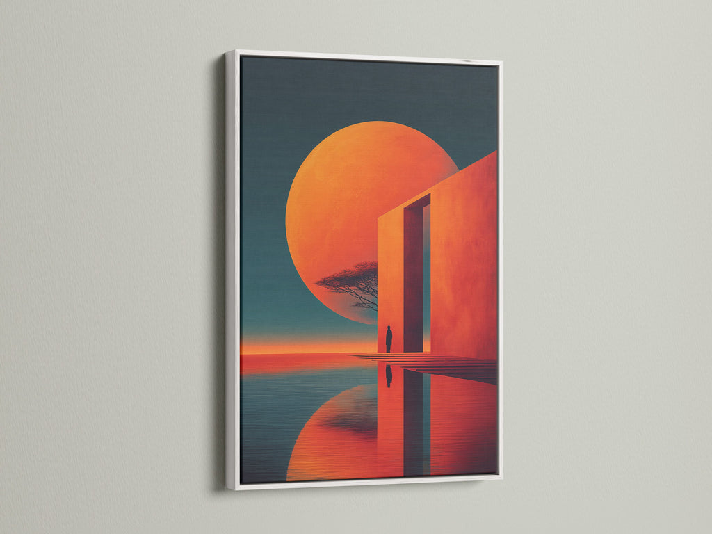 The abstract sunset artwork is elegantly framed in white. The clean white frame accentuates the modern geometric wall art. The coral orange print becomes a focal point. This contemporary piece enhances bedroom decor. Its minimalist style complements Scandinavian or contemporary interiors. Perfect for adding a touch of sophistication to your home.