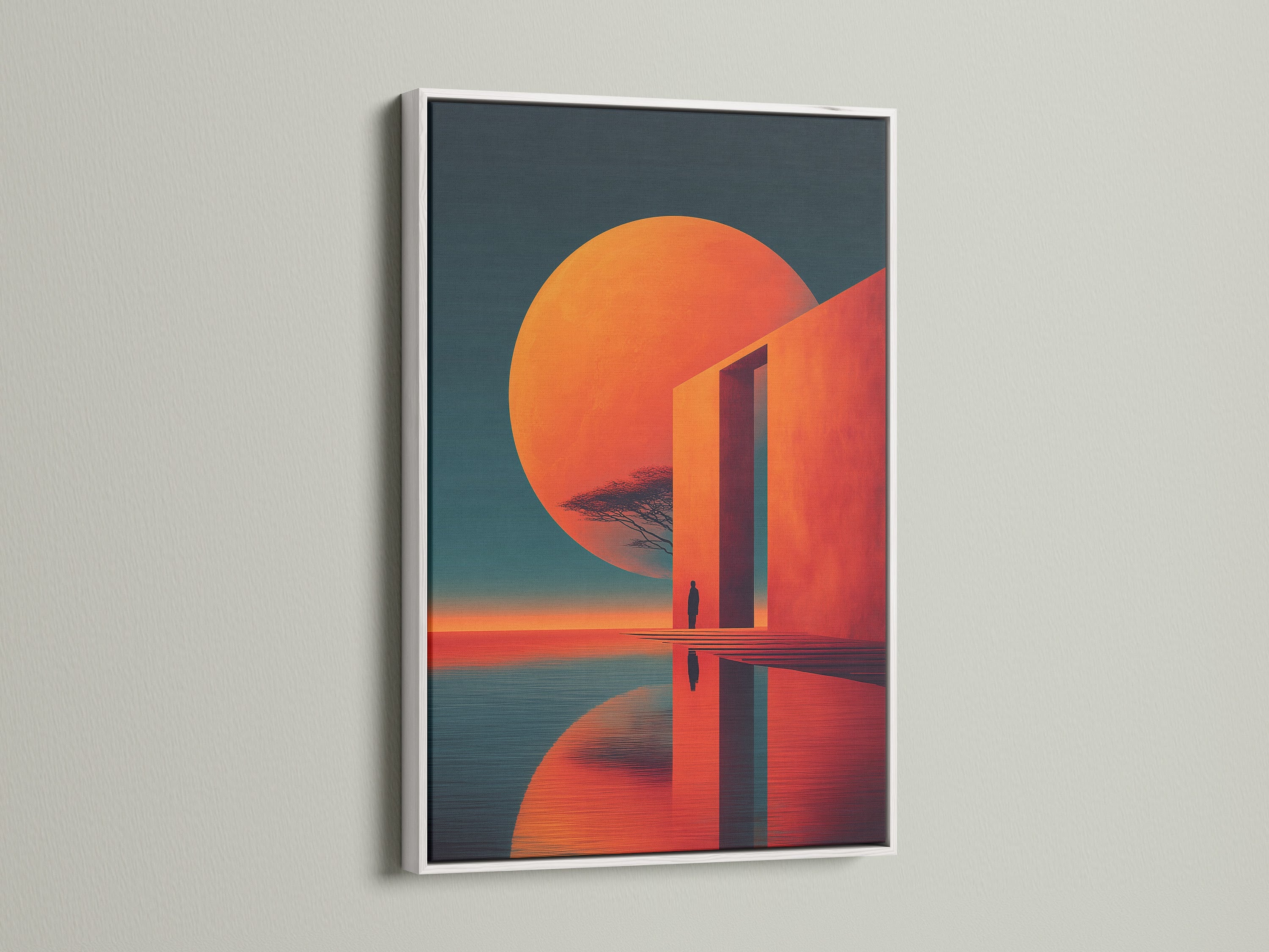 The abstract sunset artwork is elegantly framed in white. The clean white frame accentuates the modern geometric wall art. The coral orange print becomes a focal point. This contemporary piece enhances bedroom decor. Its minimalist style complements Scandinavian or contemporary interiors. Perfect for adding a touch of sophistication to your home.