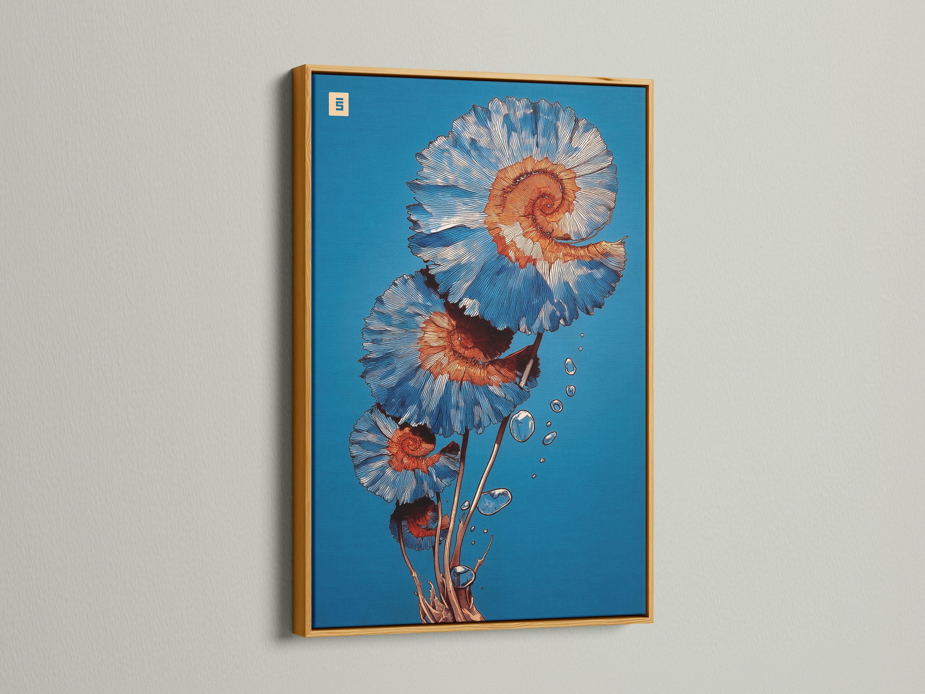 The spiral flower art is displayed in a gold frame. This botanical print features teal wall art and coral artwork. It's modern floral art for office wall decor. This flower canvas has a contemporary spiral design. Botanical decor in teal and coral.