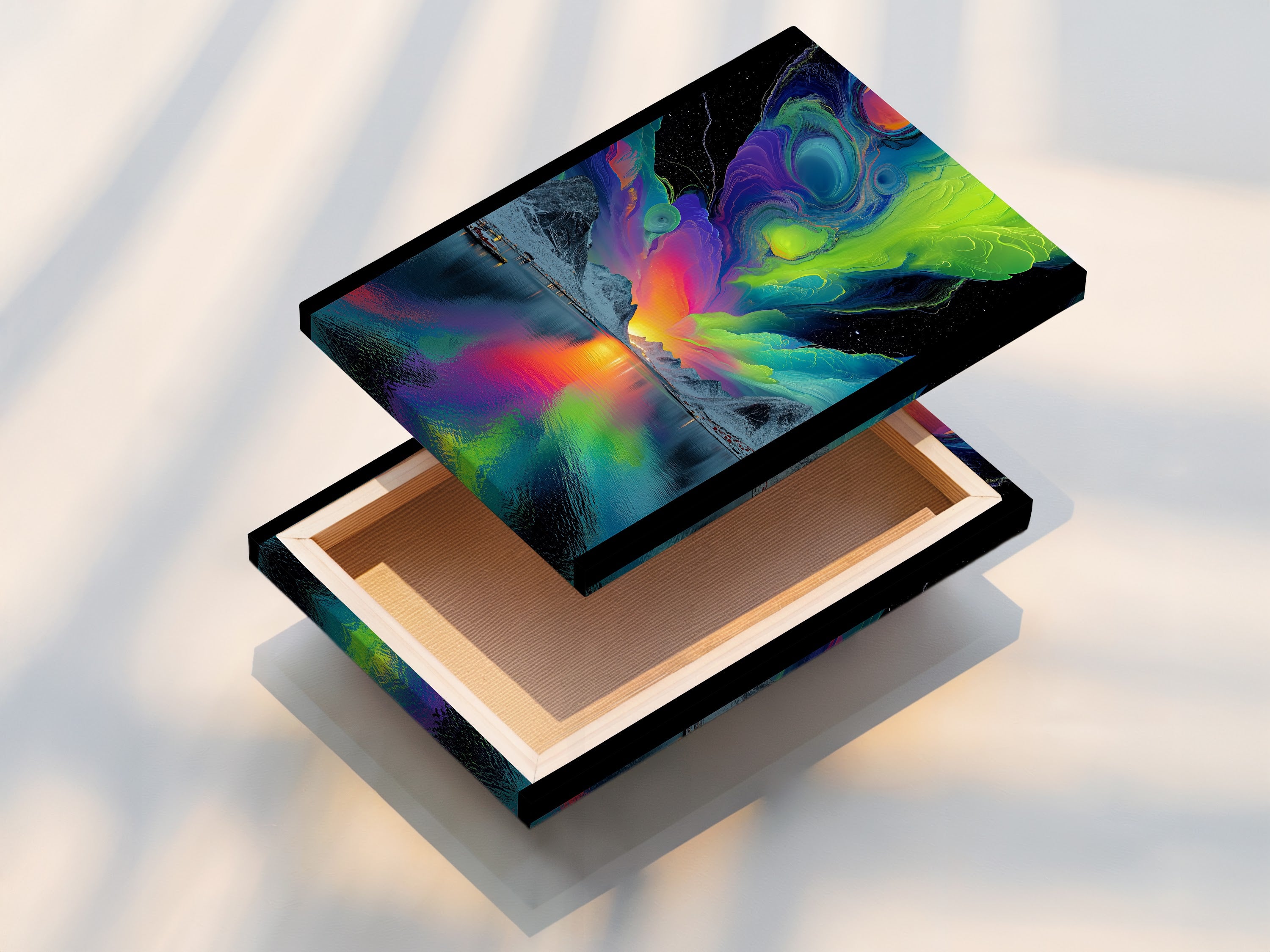 Stretched canvas print showcasing aurora borealis artwork. The vibrant colors and detailed landscape art create a stunning visual. Ready to hang and perfect for modern home decor. Ideal for adding a splash of color.