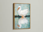 This image shows the Egret artwork in a gold frame. The bird canvas print exudes elegance. The coastal wall art enhances any room with a touch of glamor. This heron print is a luxurious addition to your home. Perfect for those seeking elevated coastal home decor. This avian art makes a statement in studios or boardrooms.