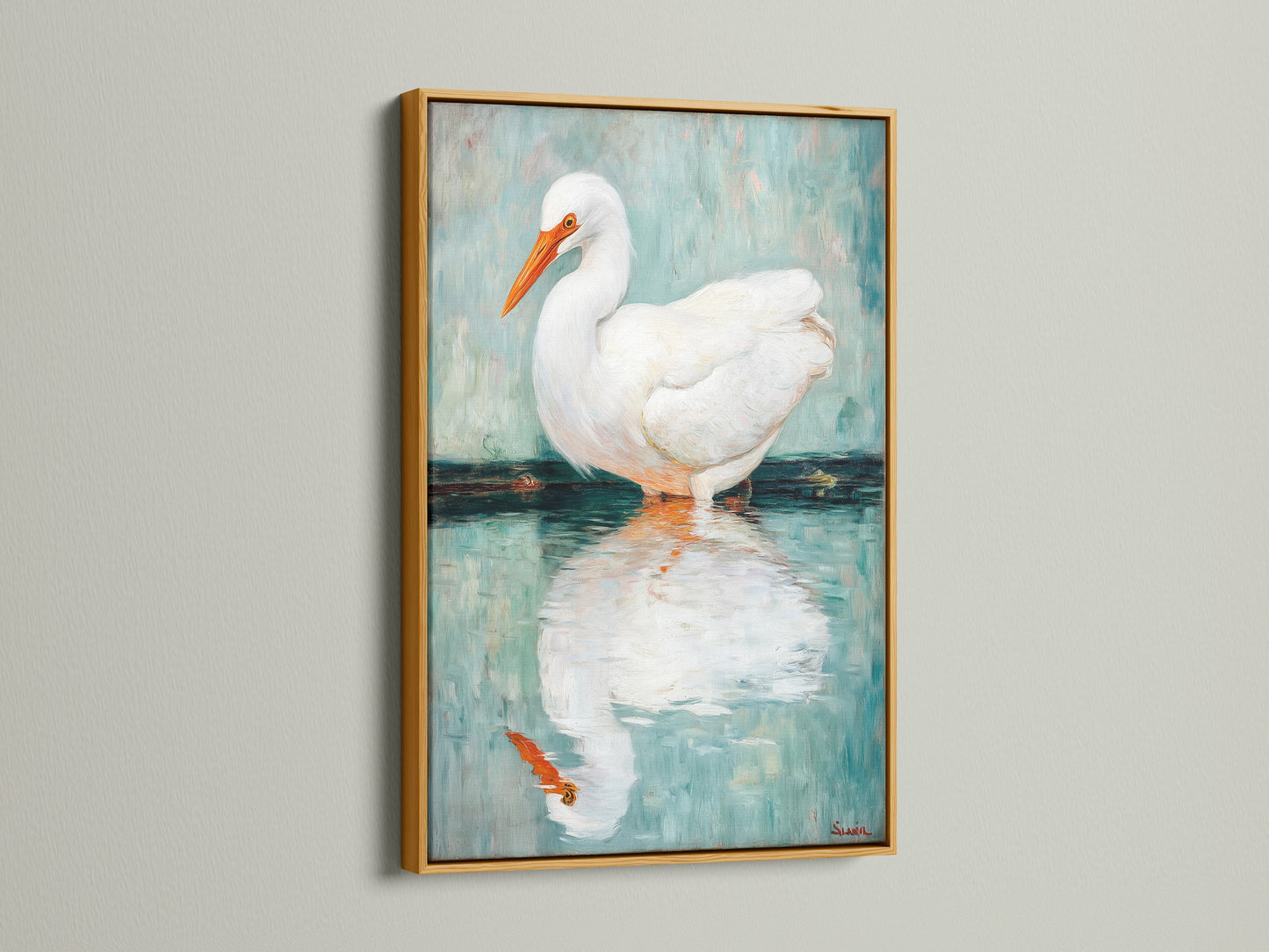 This image shows the Egret artwork in a gold frame. The bird canvas print exudes elegance. The coastal wall art enhances any room with a touch of glamor. This heron print is a luxurious addition to your home. Perfect for those seeking elevated coastal home decor. This avian art makes a statement in studios or boardrooms.