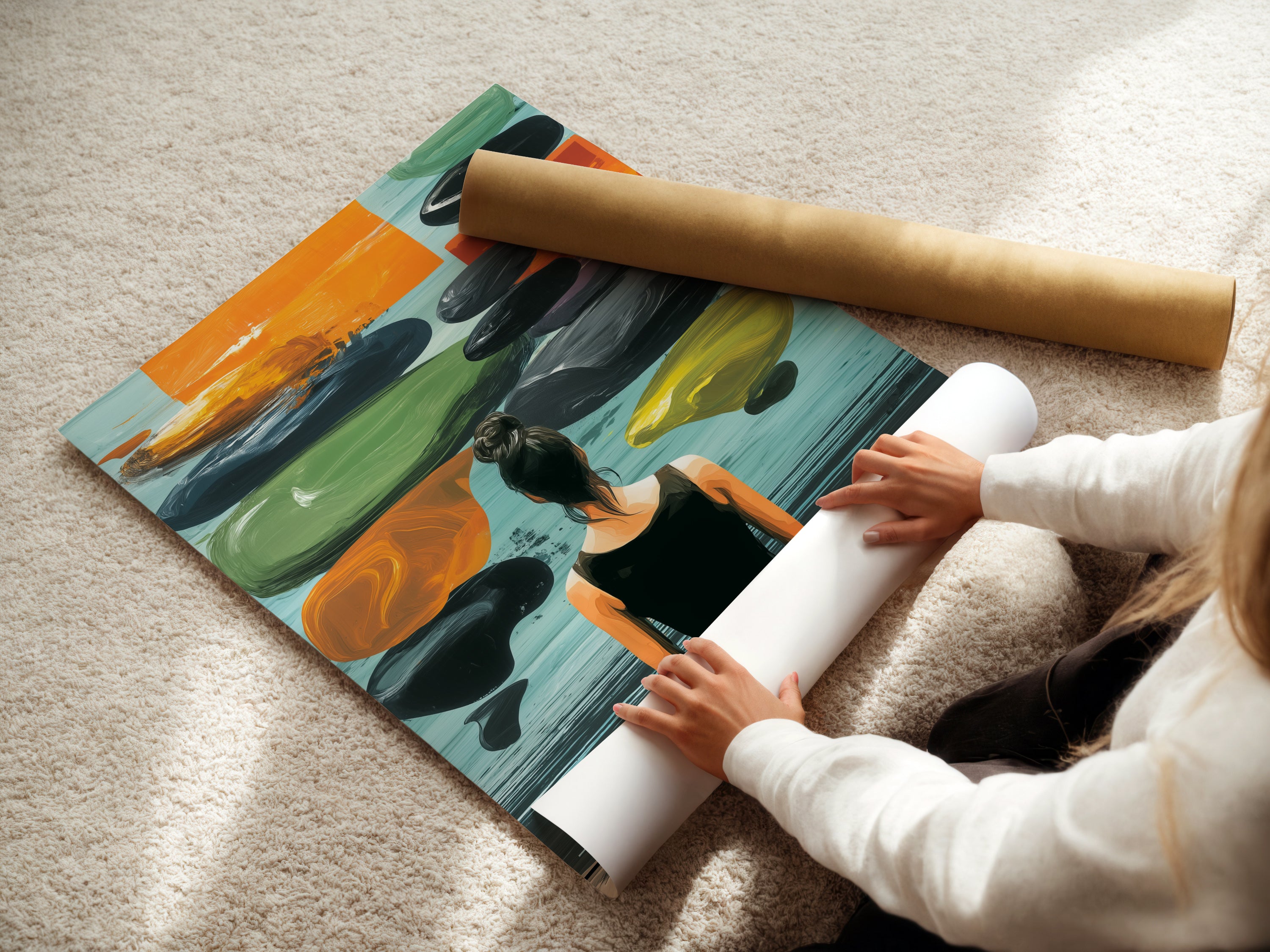 A woman is carefully rolling a fine art poster. The poster features Zen Wall Art. The artwork features a woman meditating. Fine art posters are a great way to add art to your home or studio.