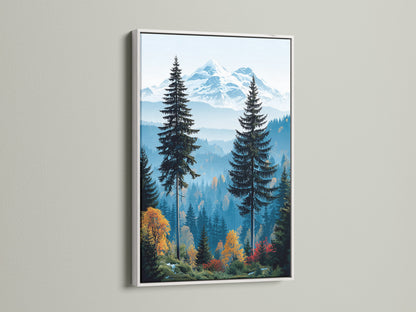 Mountain Forest artwork in a white frame. The white frame complements the forest canvas. It is ideal for bedroom wall decor. This nature artwork brings a serene touch. Discover rustic decor for your home.