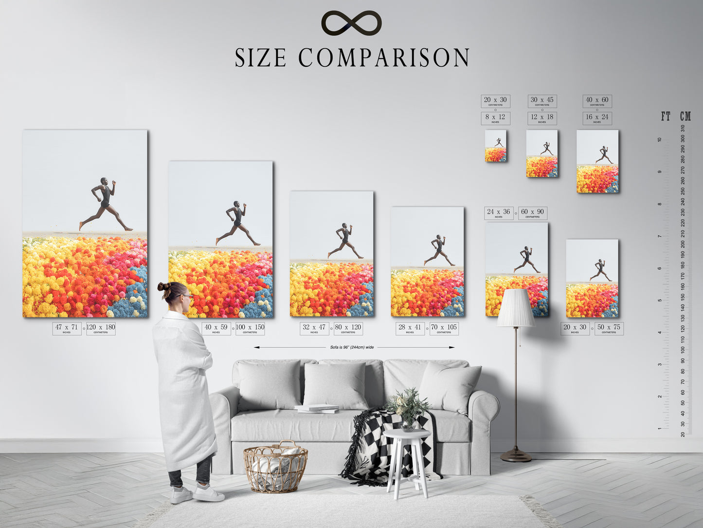 Size comparison chart displayed in an interior setting. Showing how the Runner artwork fits in various spaces. This modern fine art print is perfect for any home or office. Find the ideal size for your needs.