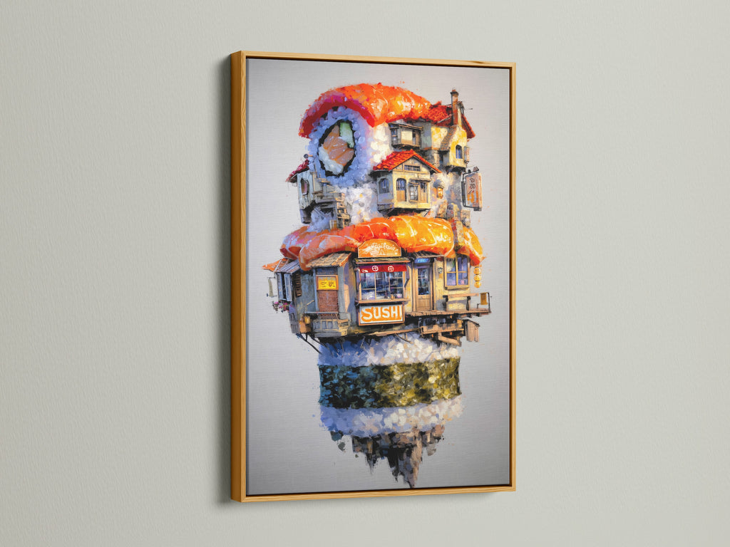 Gold frame showcasing a whimsical Japanese food artwork. This unique artwork is a vibrant addition to any room. The sushi artwork is a perfect choice for cafes and kitchens. Add a touch of whimsy.