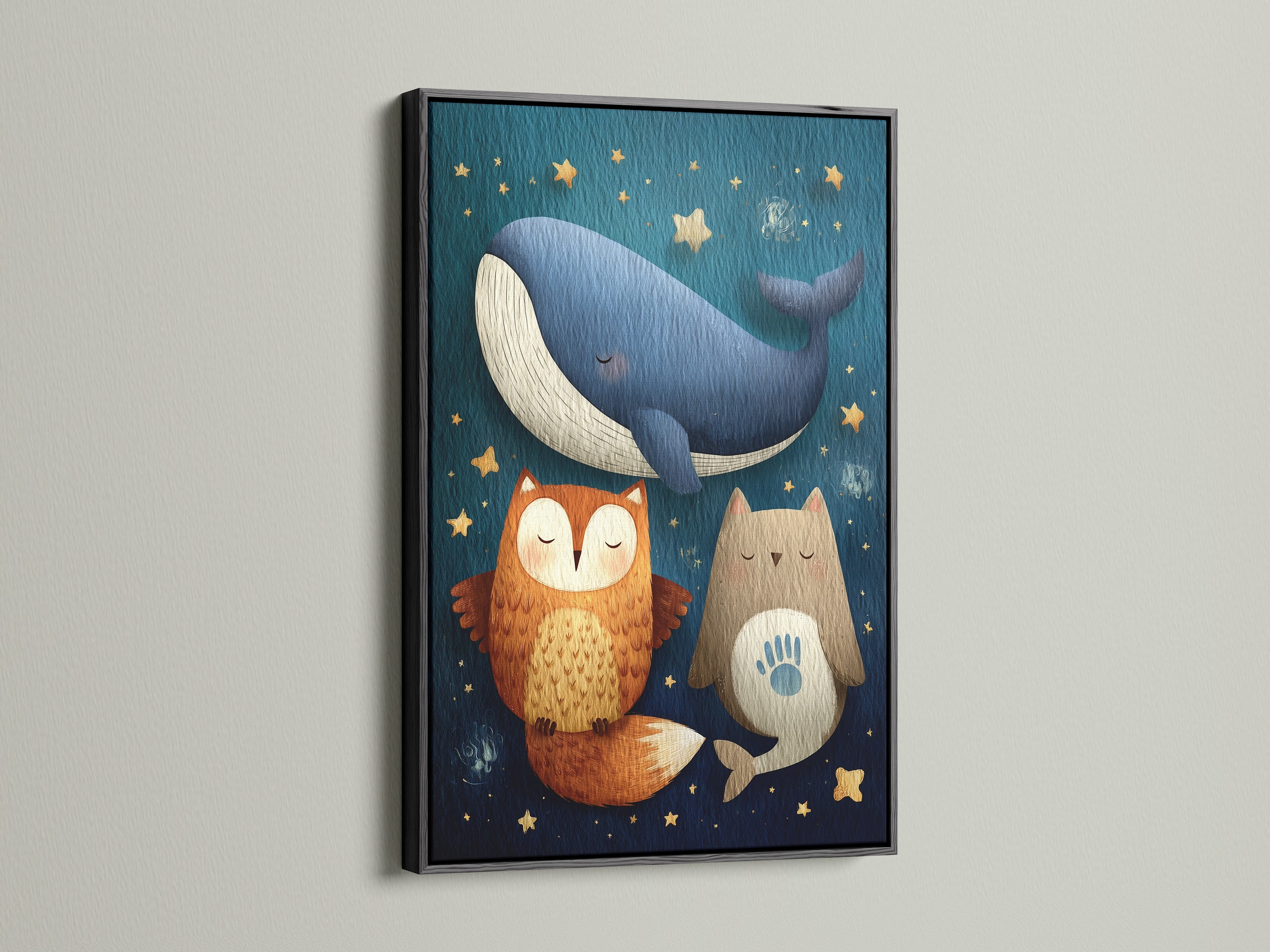 Elegant artwork featuring a whale fox and cat under a starry sky. This print is presented in a sleek black frame. The bold black border adds a touch of sophistication and drama. A timeless choice to complement any art collection.