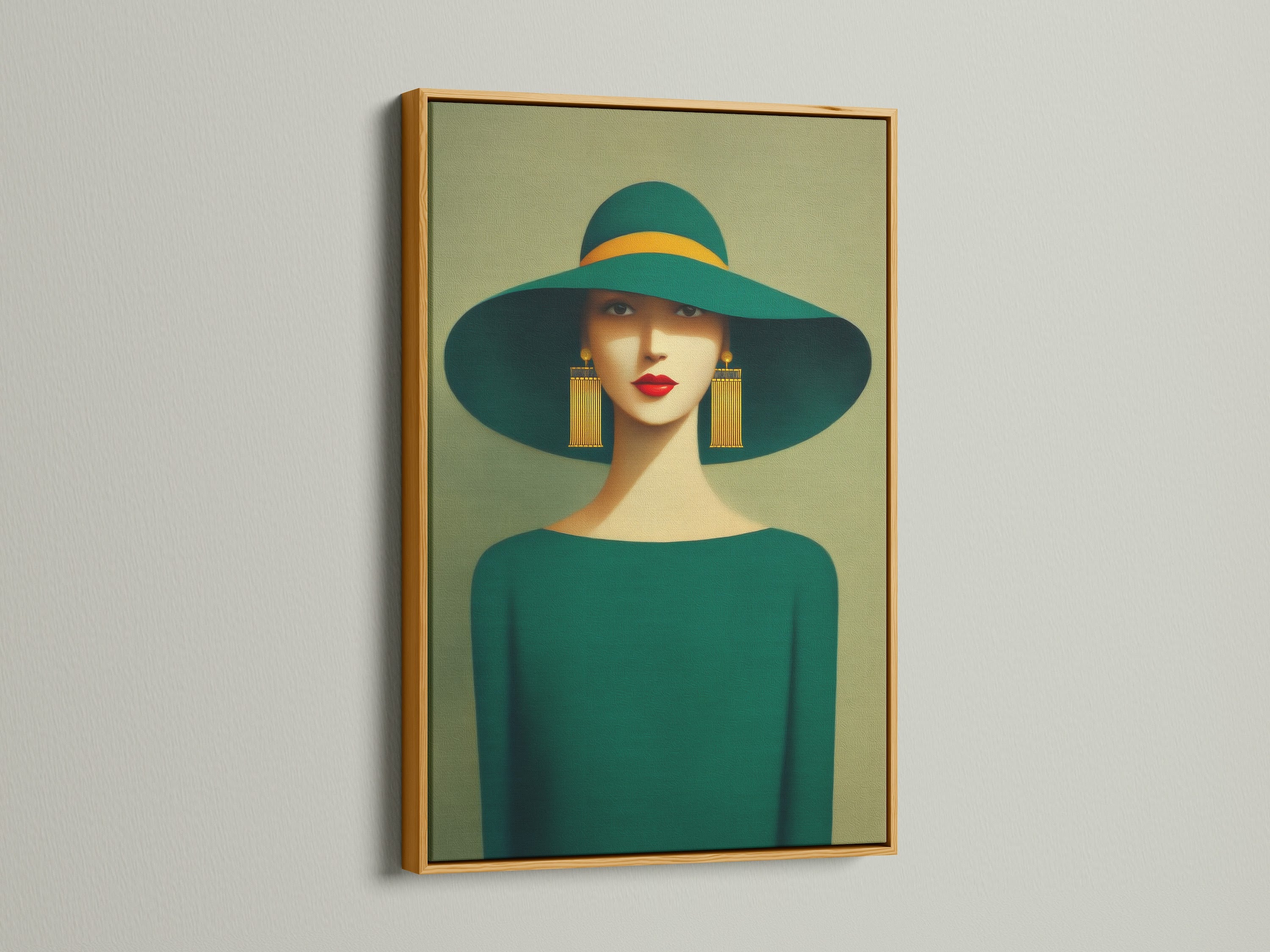Elegant woman portrait artwork with an emerald green hat and gold earrings is displayed. The artwork is framed with a gold frame. This stylish home decor is excellent for living room wall art and bedroom wall decor.