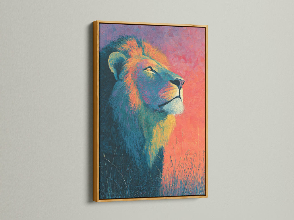 A regal lion artwork is displayed in a gold frame. The gold frame adds a touch of luxury. It enhances the artwork's richness. Choose a gold frame to elevate your art's presentation.