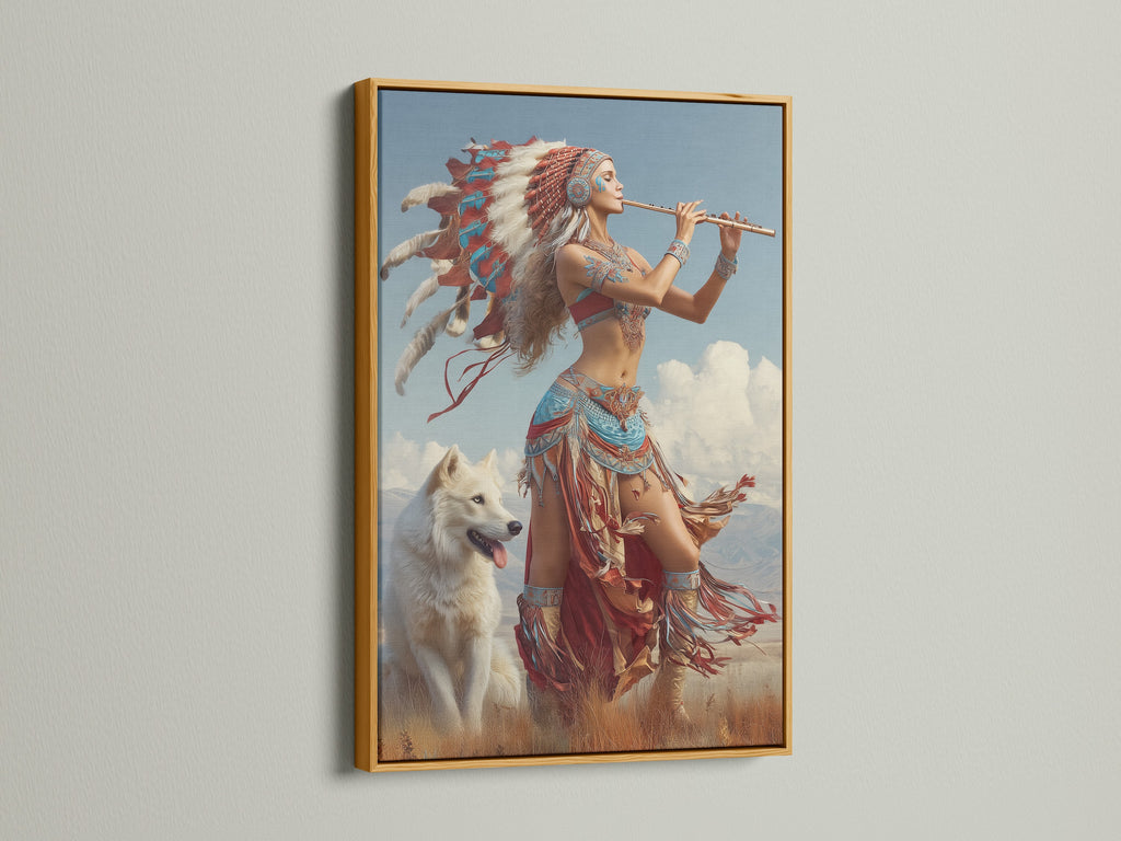 Artwork showcased in a luxurious gold frame. The art features a woman in Native American clothing with a flute and wolf. The gold frame adds an elegant touch and enhances the artwork's beauty. Perfect for a statement piece.