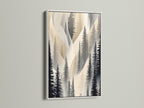 Abstract pine tree artwork in a white frame provides a clean modern look. Ideal neutral wall art for a minimalist or Scandinavian style. The white frame enhances the forest canvas print. It is perfect for hallway wall decor. This artwork brings a touch of nature indoors. The white frame adds a fresh aesthetic.