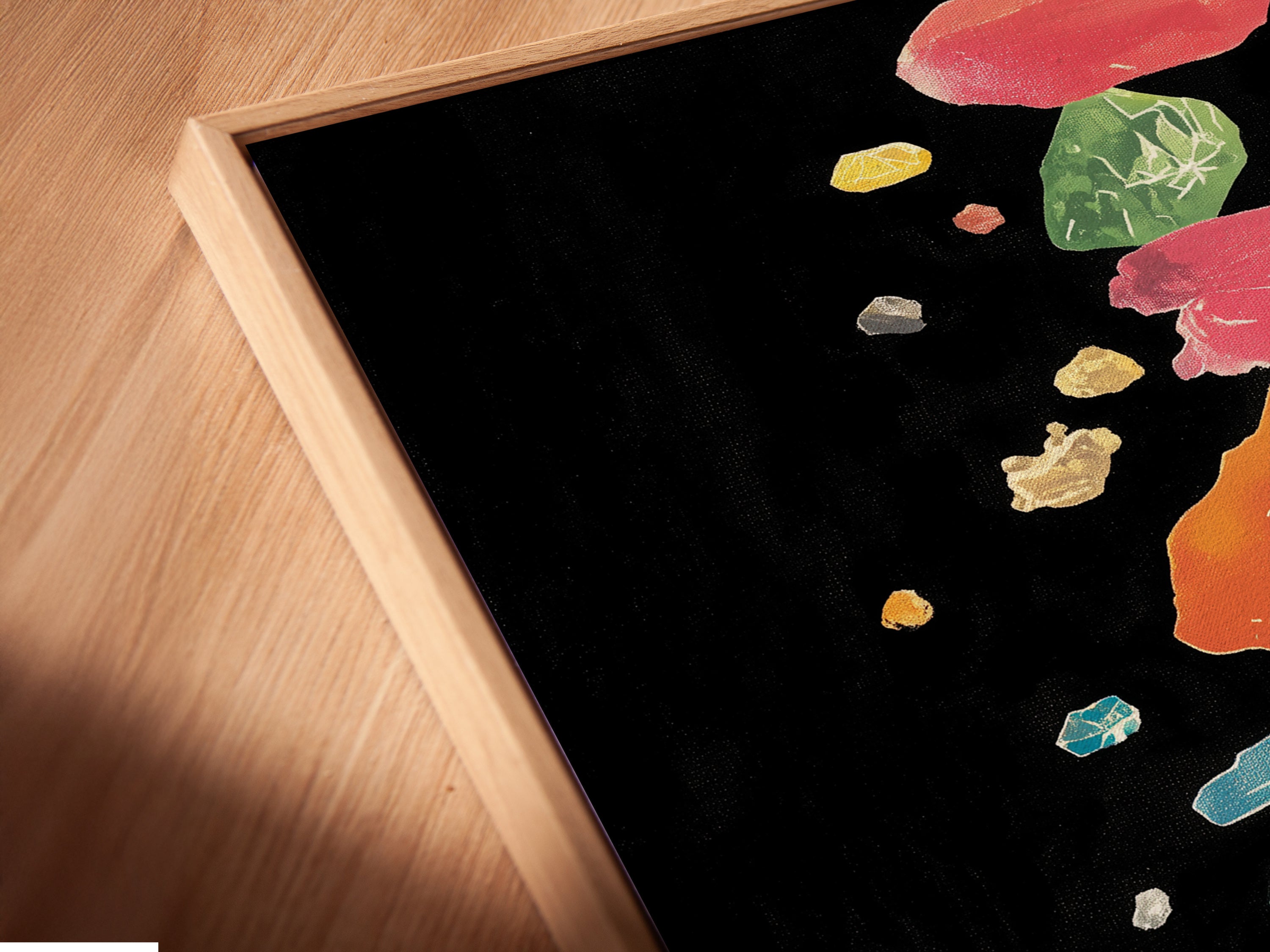 Close up of a canvas print in a floating frame. The artwork features a red sports car with colorful abstract details. This modern piece enhances any room adding a contemporary touch. Ideal for automotive enthusiasts and art collectors seeking unique wall decor.