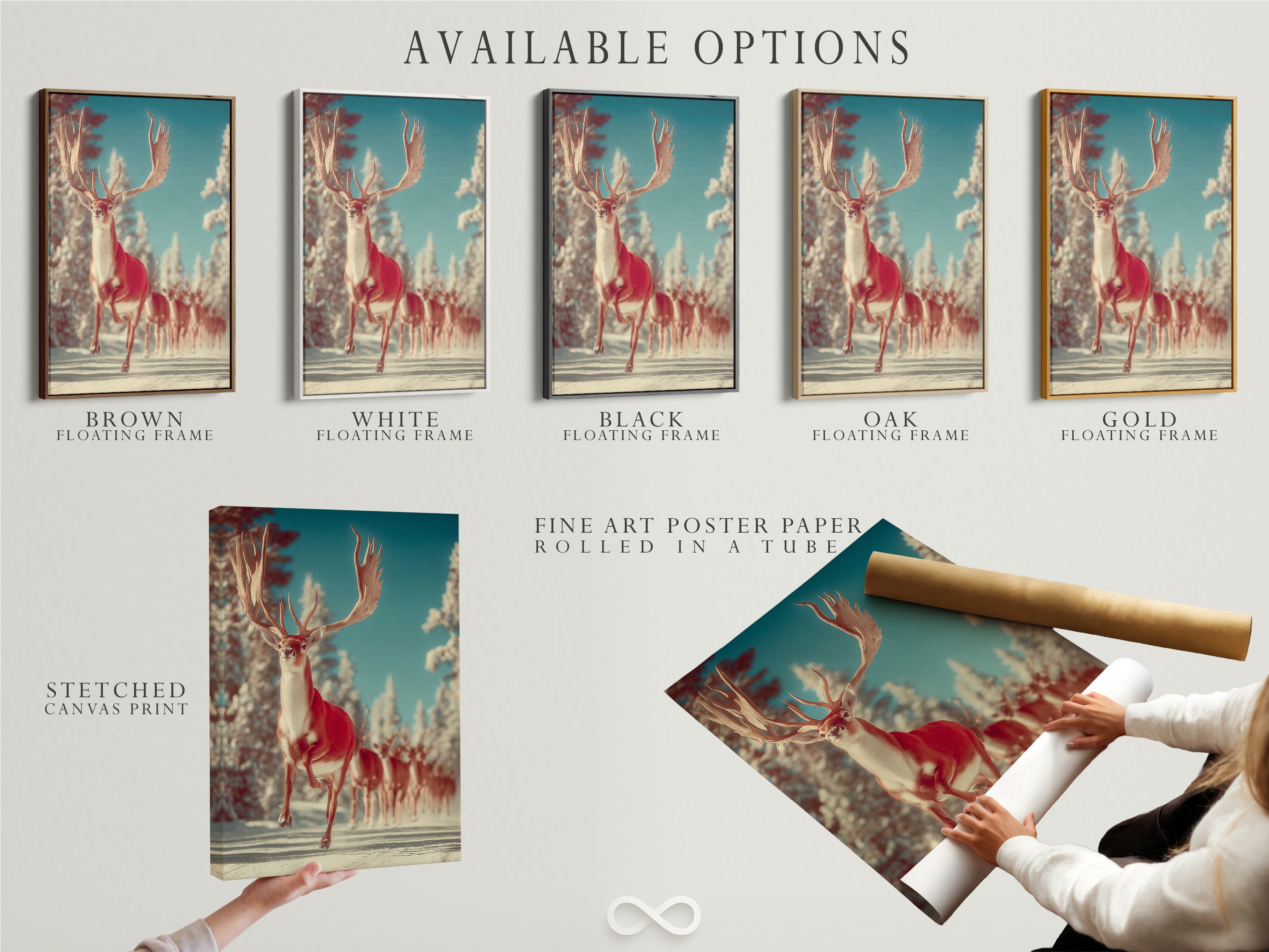 Available options for the Winter Deer artwork include a stretched canvas print fine art poster paper and a floating frame. Choose the option that best suits your style and budget. Create a unique and personalized display of this beautiful winter art.
