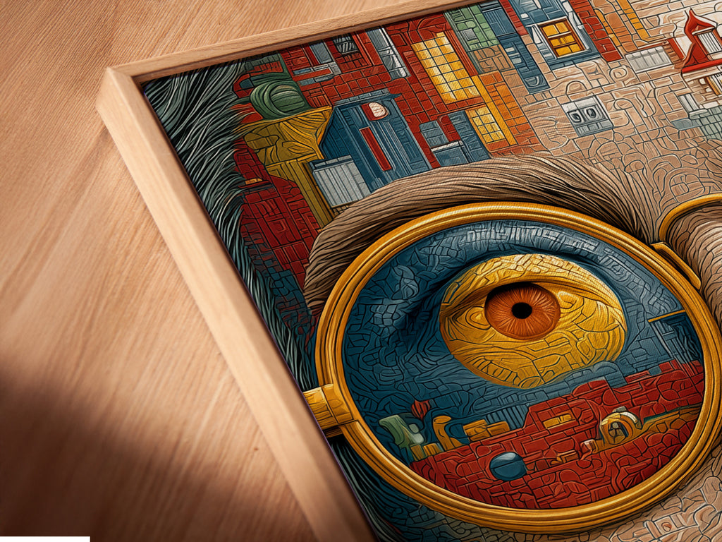 A close-up angled view of a surreal portrait canvas print in a floating frame. The abstract woman face wall art is a contemporary digital artwork. The floating frame creates a modern and sophisticated look. It makes the artwork appear to float on the wall.