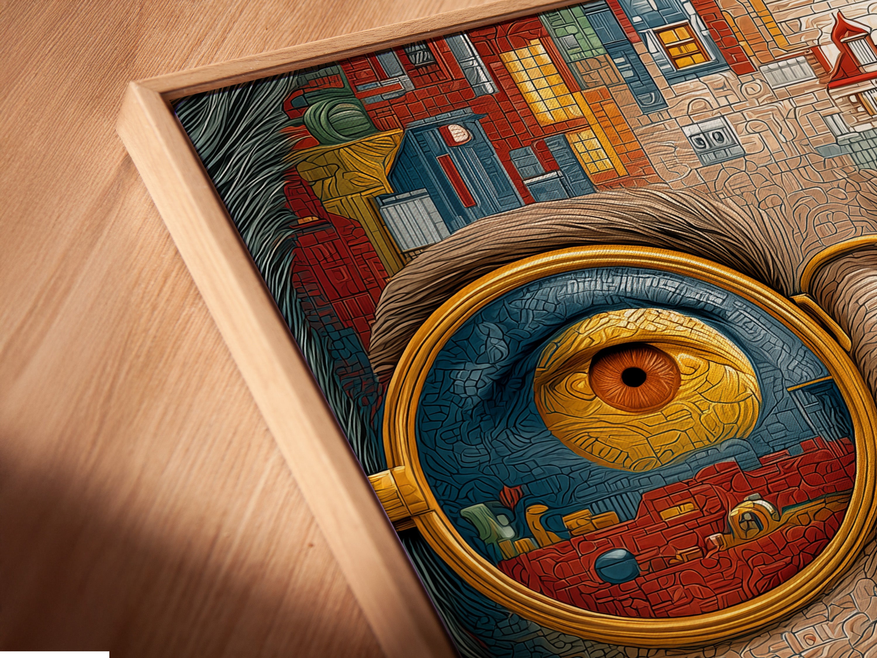 A close-up angled view of a surreal portrait canvas print in a floating frame. The abstract woman face wall art is a contemporary digital artwork. The floating frame creates a modern and sophisticated look. It makes the artwork appear to float on the wall.