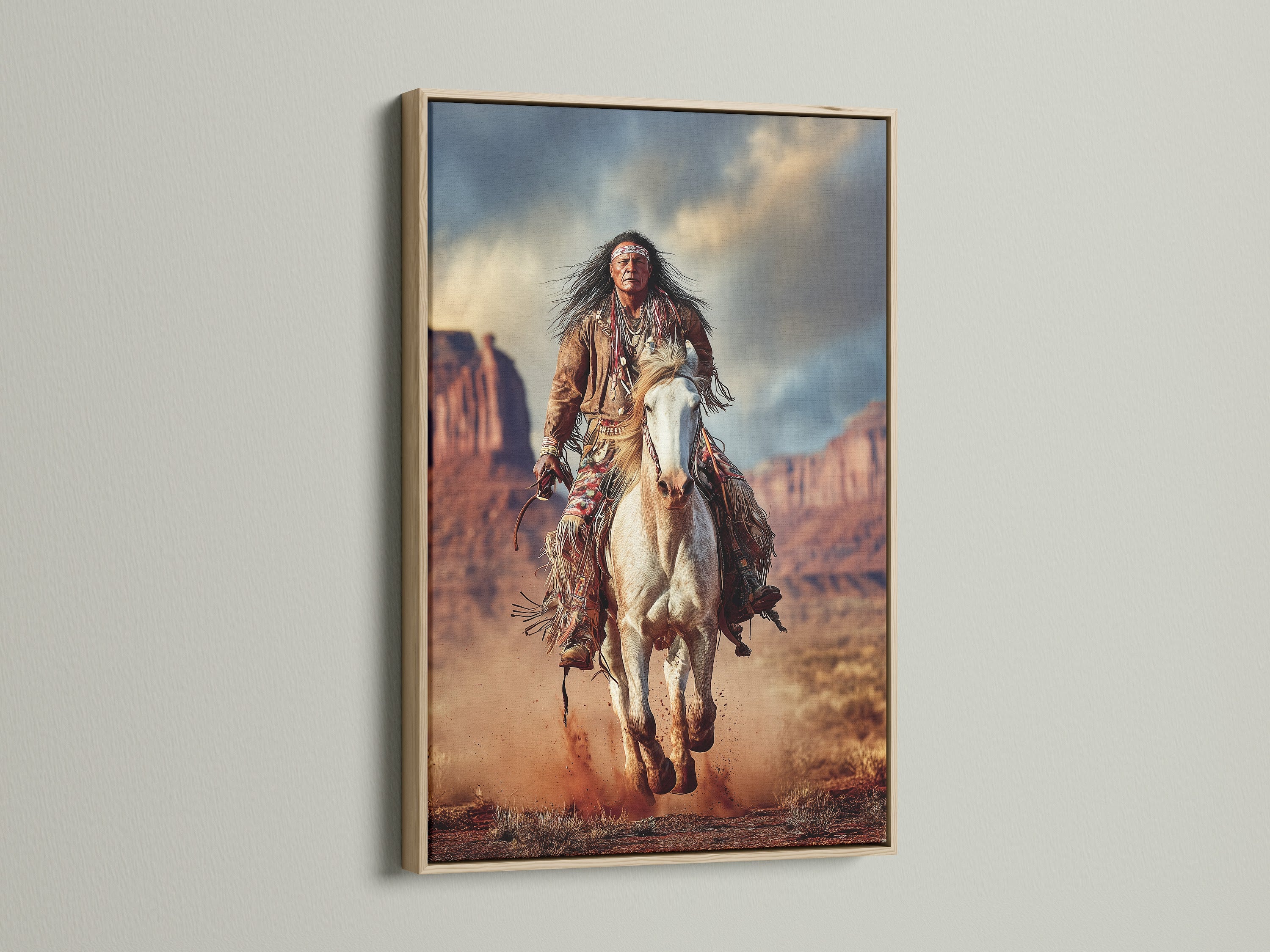 Native American Warrior Canvas Print - Western Horse Art, Southwestern Wall Decor for Office Man Cave