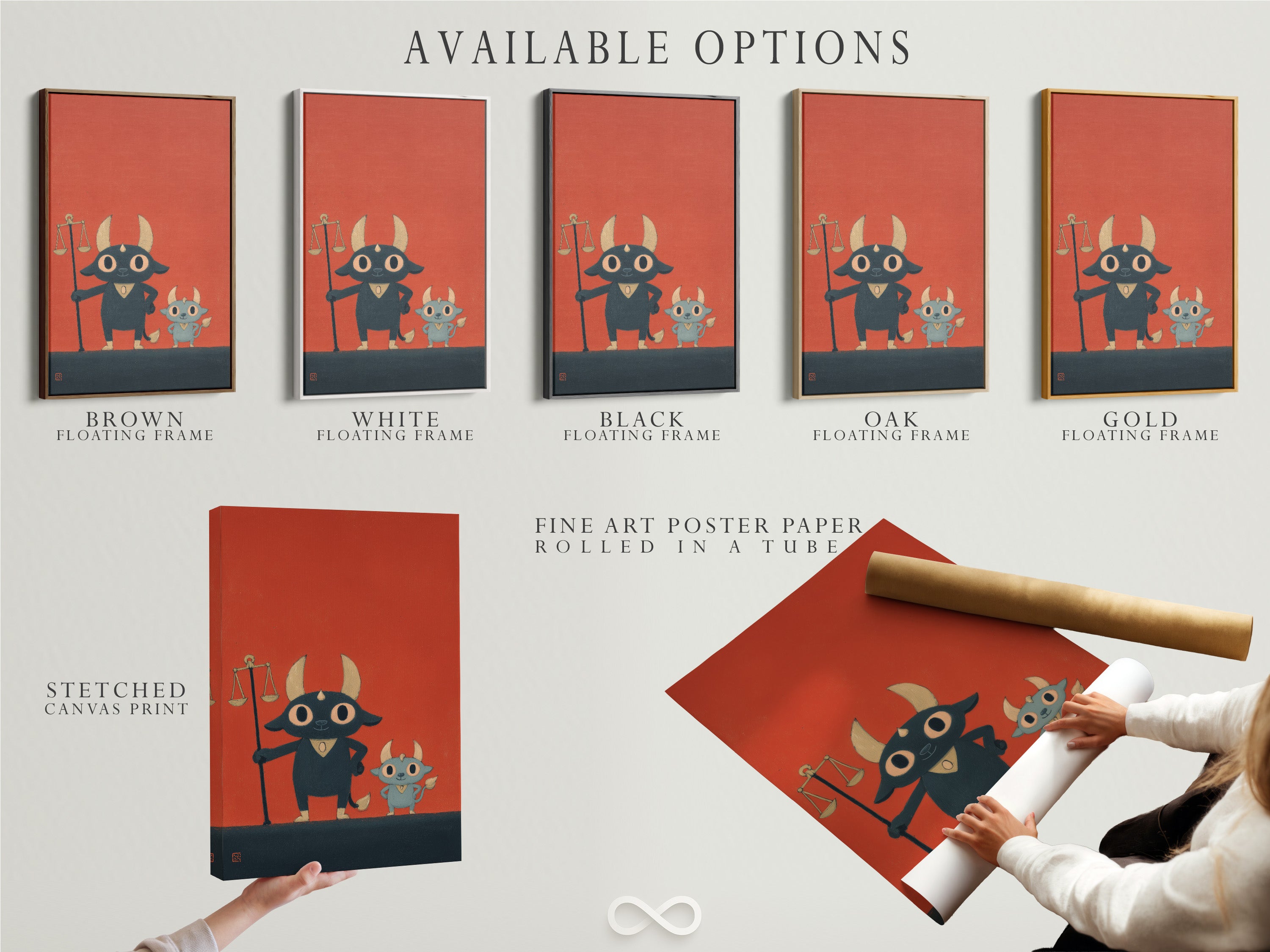 Available options for the Justice Bull art are displayed. Options include a stretched canvas print fine art poster paper and a floating frame. Choose the perfect style for your legal office decor. It is the best lawyer gift. Get this cute animal print today.