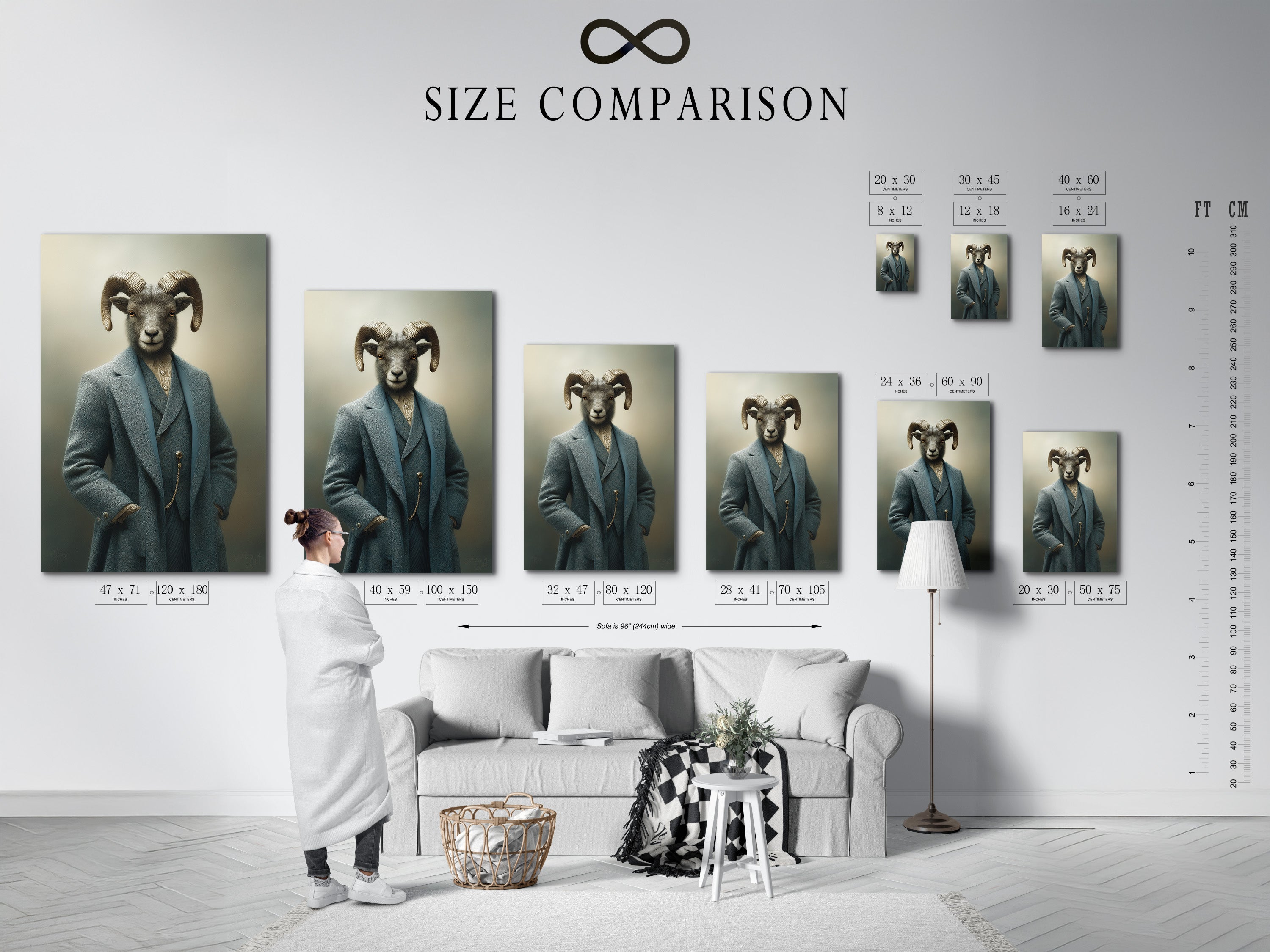 Size comparison chart displayed in an interior setting featuring the Ram Portrait artwork. This chart helps visualize the different sizes available for the artwork. Find the perfect fit for your space. This quirky wall art is perfect for adding a touch of sophistication.