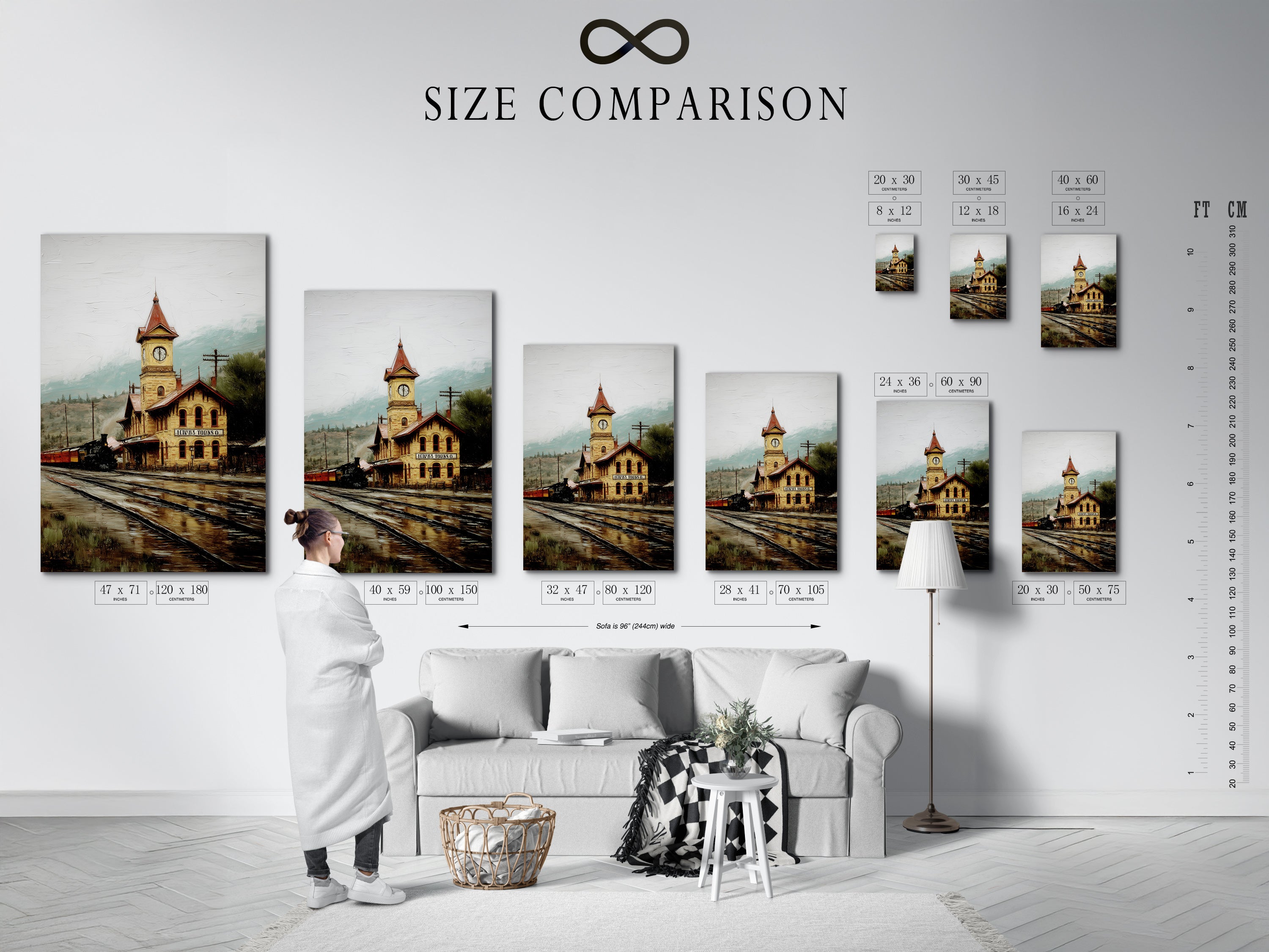 Size comparison chart in an interior setting. See how our vintage train station artwork fits in your space. Choose the perfect size for your railway canvas or antique architecture poster. Visualize your sepia-toned wall art before you buy. Explore our size options to enhance your space with timeless vintage art.