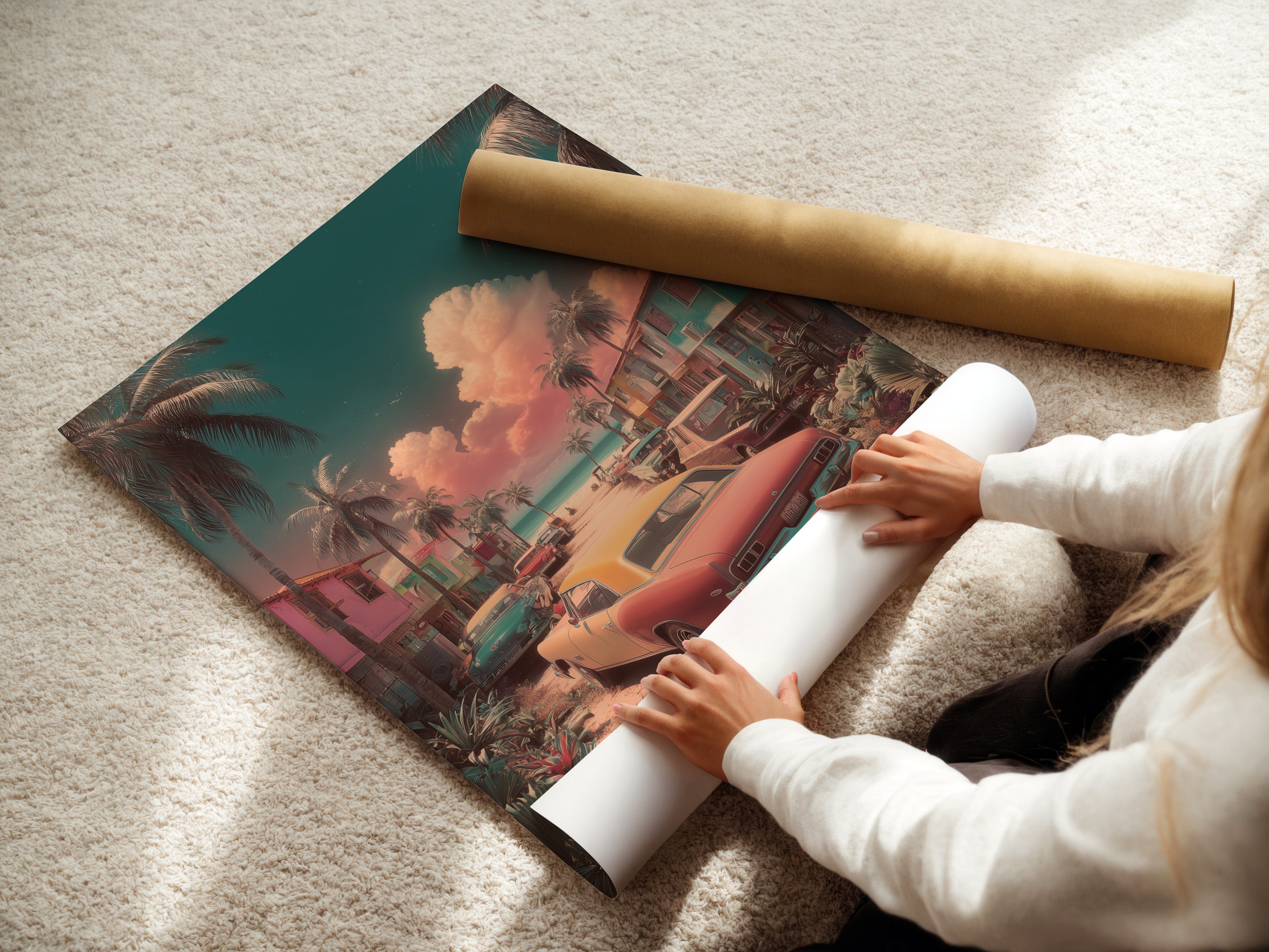 A woman is carefully rolling a fine art poster paper. The poster paper is being prepared for framing or display. The fine art paper ensures the art looks crisp. High-quality materials enhance the artwork. The artwork is perfect for art collectors.