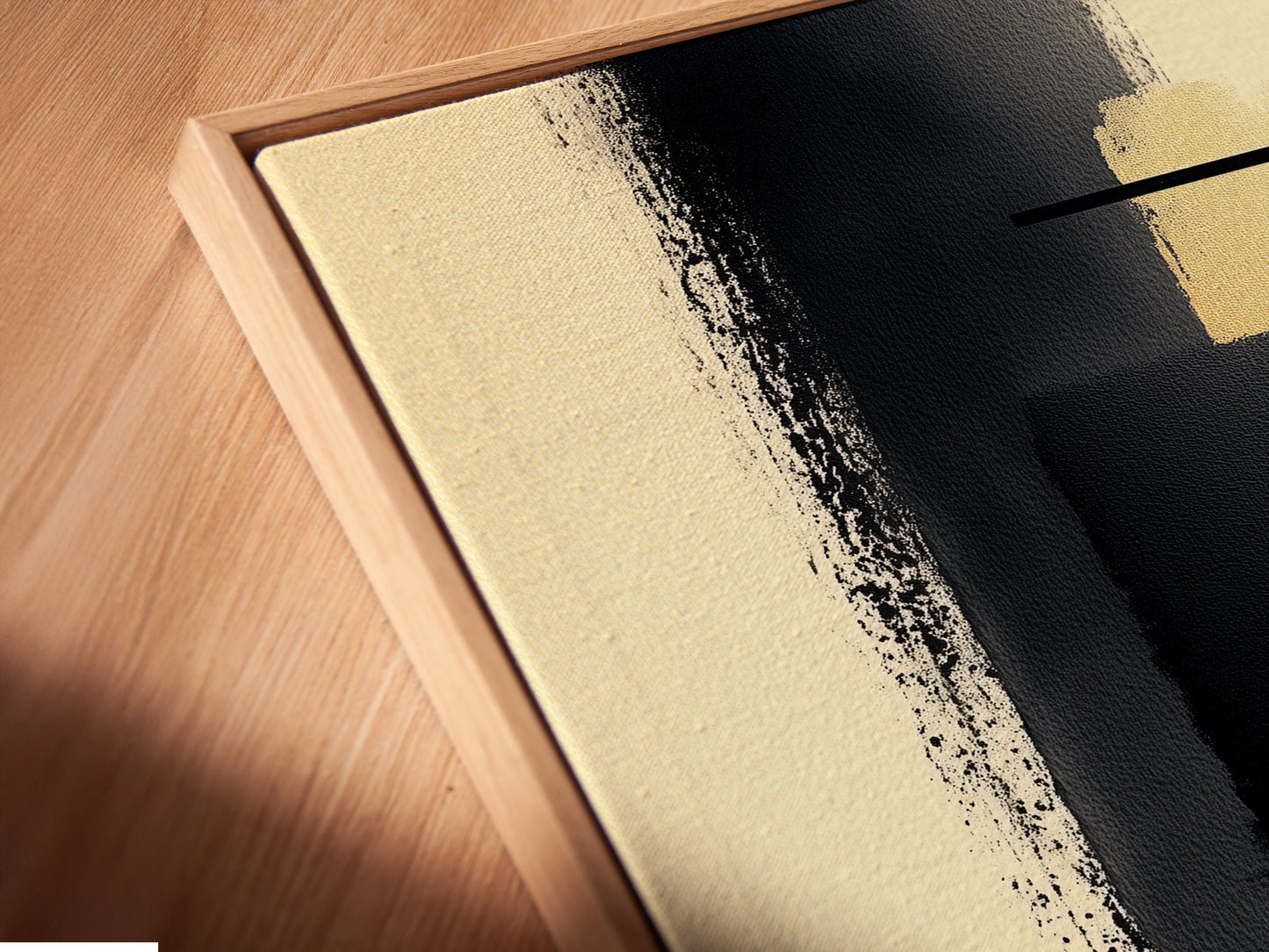 A close-up of Abstract Shapes minimal print in a floating frame. The modern canvas art features beige and black colors. The floating frame adds a touch of sophistication to the artwork. Perfect for adding a modern touch to any room. This geometric artwork is ideal for office wall decor or as a stylish home accessory.