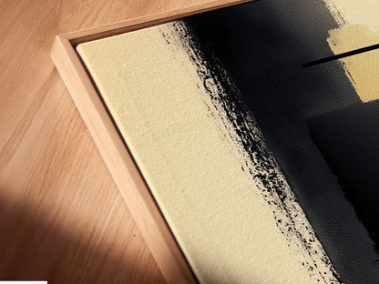 A close-up of Abstract Shapes minimal print in a floating frame. The modern canvas art features beige and black colors. The floating frame adds a touch of sophistication to the artwork. Perfect for adding a modern touch to any room. This geometric artwork is ideal for office wall decor or as a stylish home accessory.