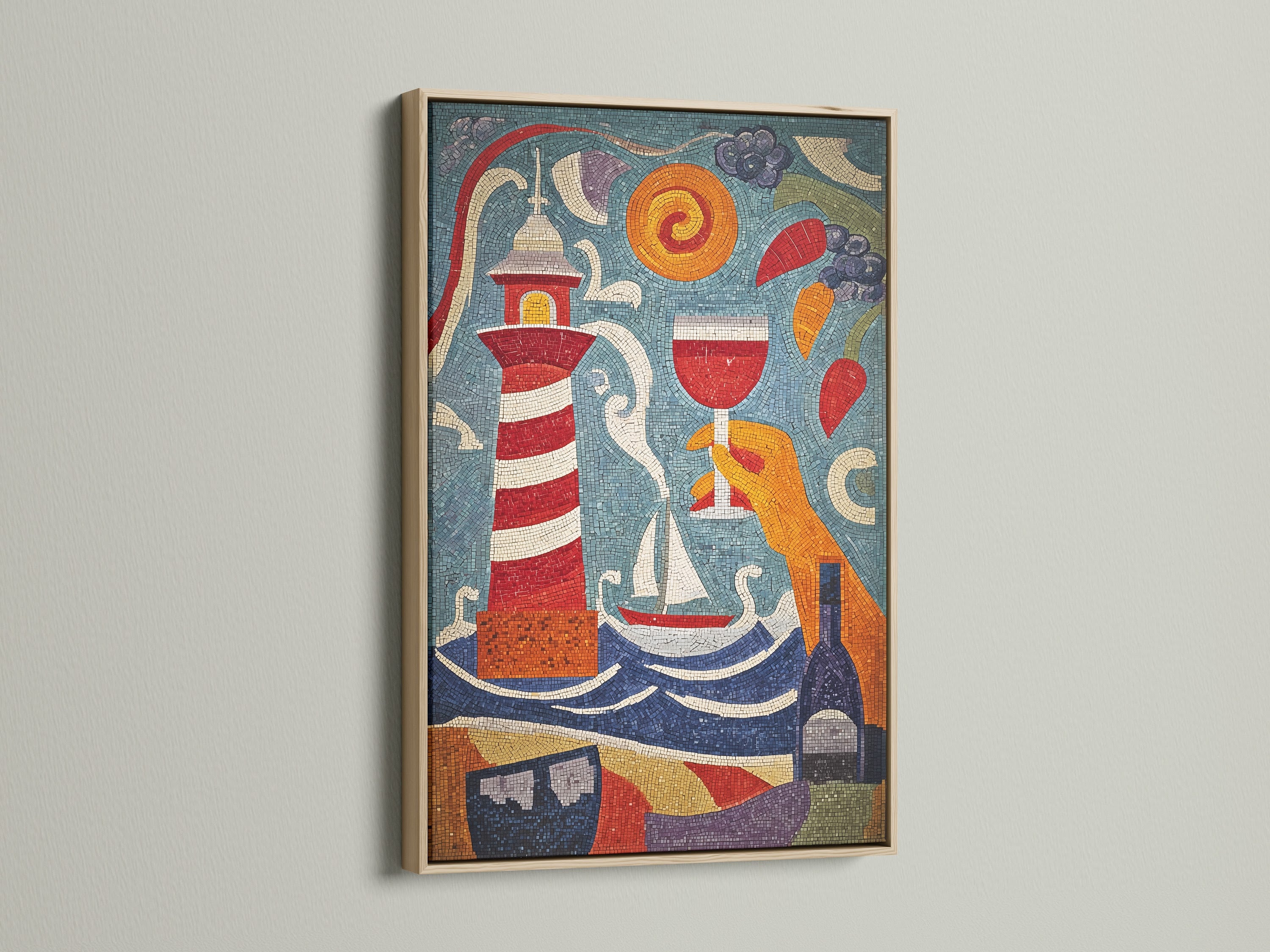 Nautical Mosaic Artwork with an oak frame. This maritime art features a lighthouse. This is perfect coastal canvas art for a bathroom. The seaside decor enhances any space. It brings the ocean indoors.