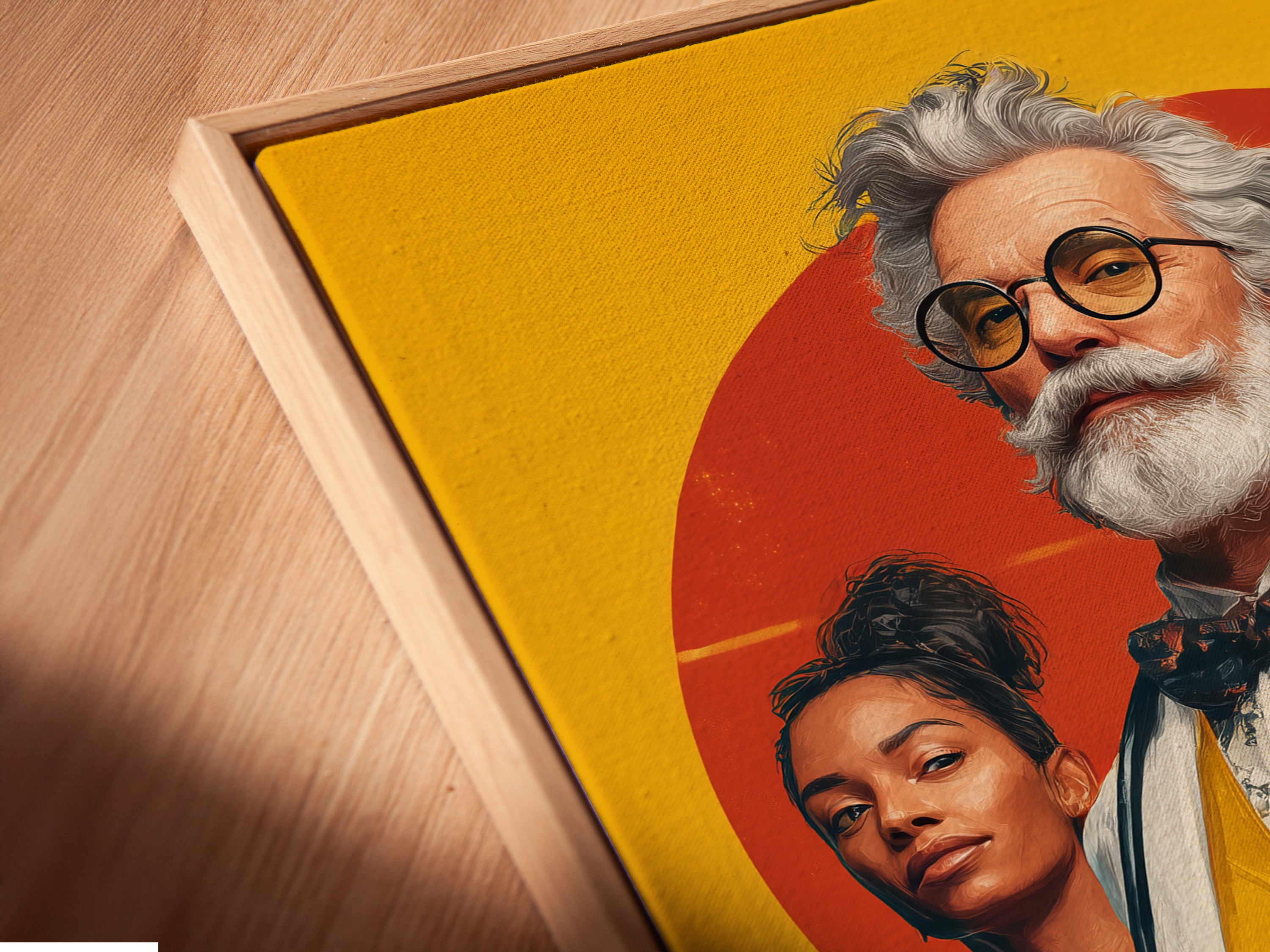 A close-up angled view of a canvas print in a floating frame. The artwork depicts a medical team. The floating frame adds depth and sophistication to the healthcare wall art. Perfect for adding a modern touch to any medical office or clinic.