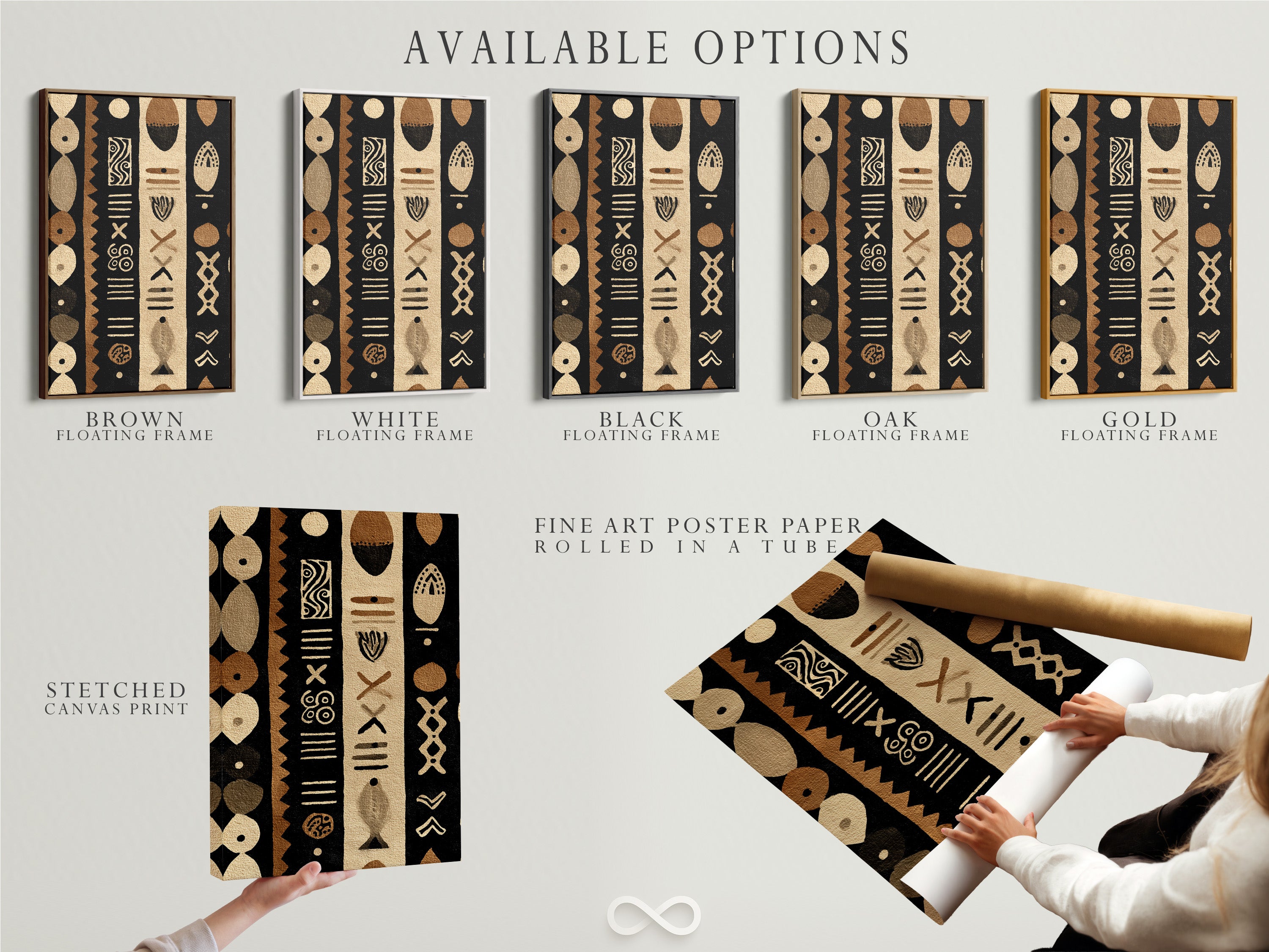 Available options include a stretched canvas print fine art poster paper and a floating frame. These choices allow customers to customize their artwork. Each option offers a unique way to display and enjoy the art.