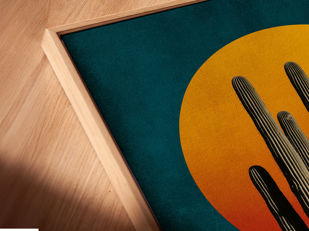 The angled close up shows a canvas print. It is displayed in a floating frame. The art creates depth and dimension. The Southwestern sunset artwork is ready to hang. It adds sophistication to any space. Order yours today.