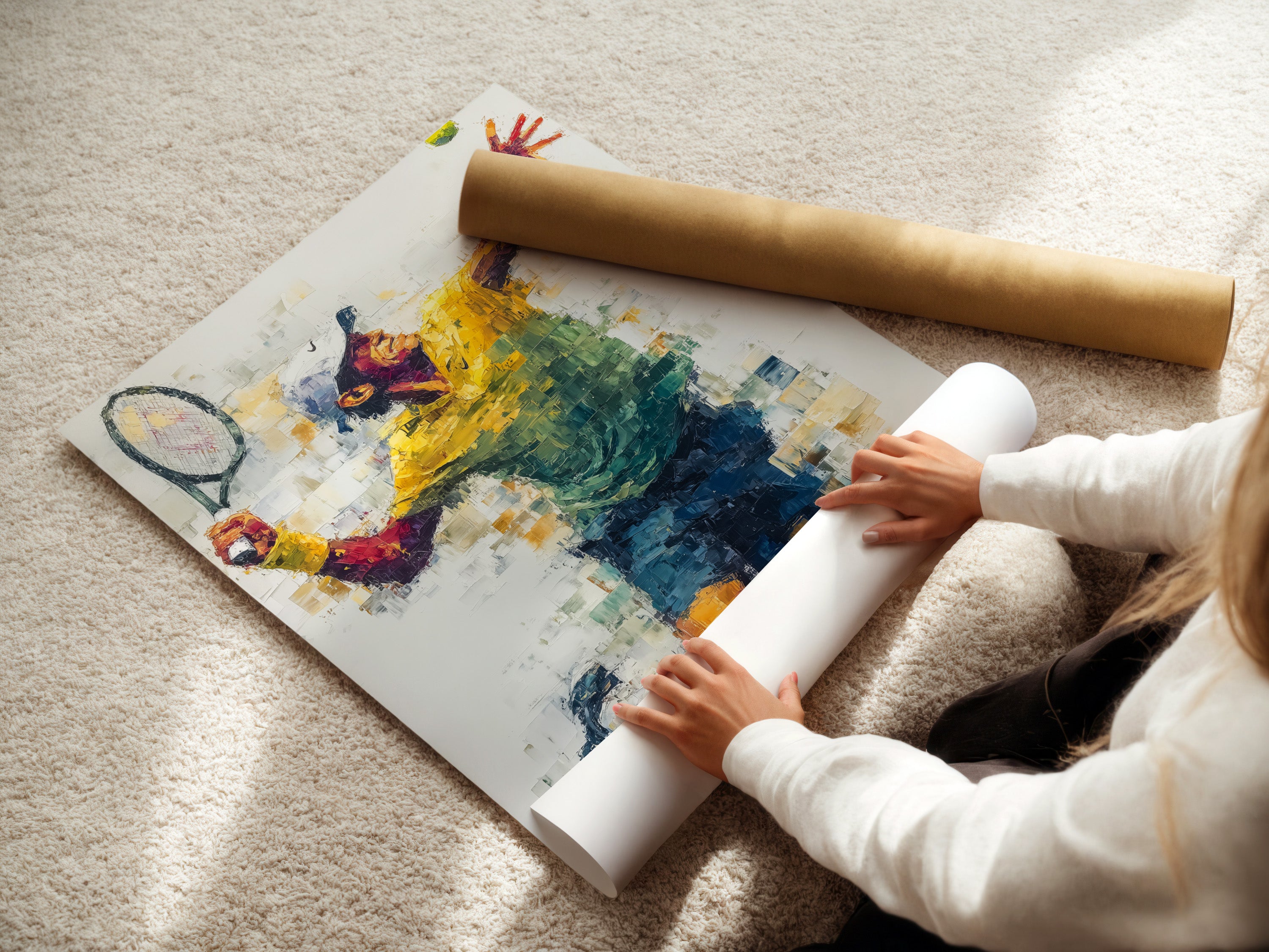 A woman carefully unrolling a fine art poster paper of the Tennis Player Artwork. The fine art poster paper ensures high-quality reproduction of the abstract sports art. Perfect for those who appreciate detailed and vibrant sports art prints for their collection. A great option to frame.