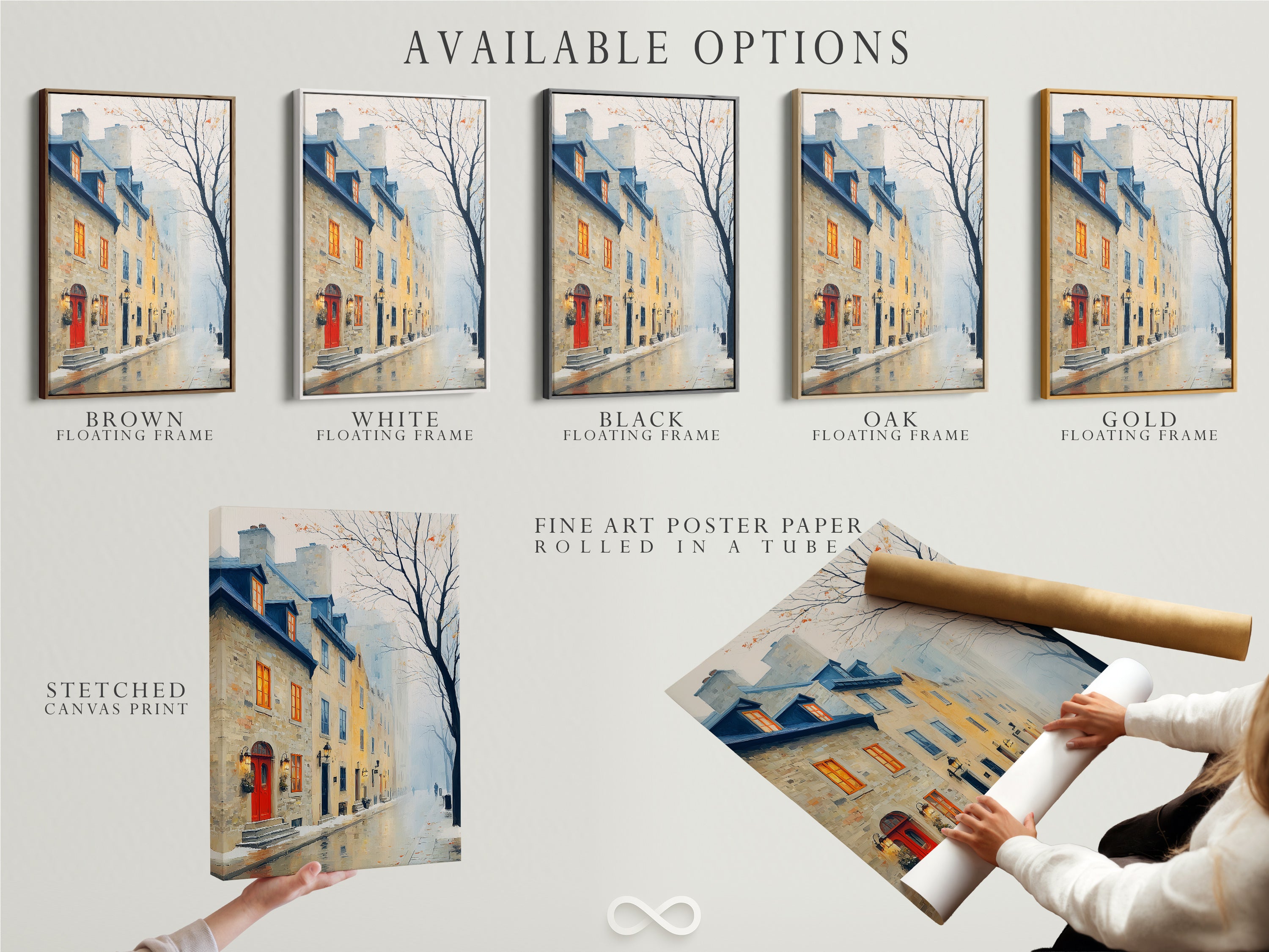 Available options include a stretched canvas print fine art poster paper and floating frame. Options feature a vintage European cityscape artwork. The artwork captures a foggy street scene with classic buildings. Perfect for study room decor or living room art.