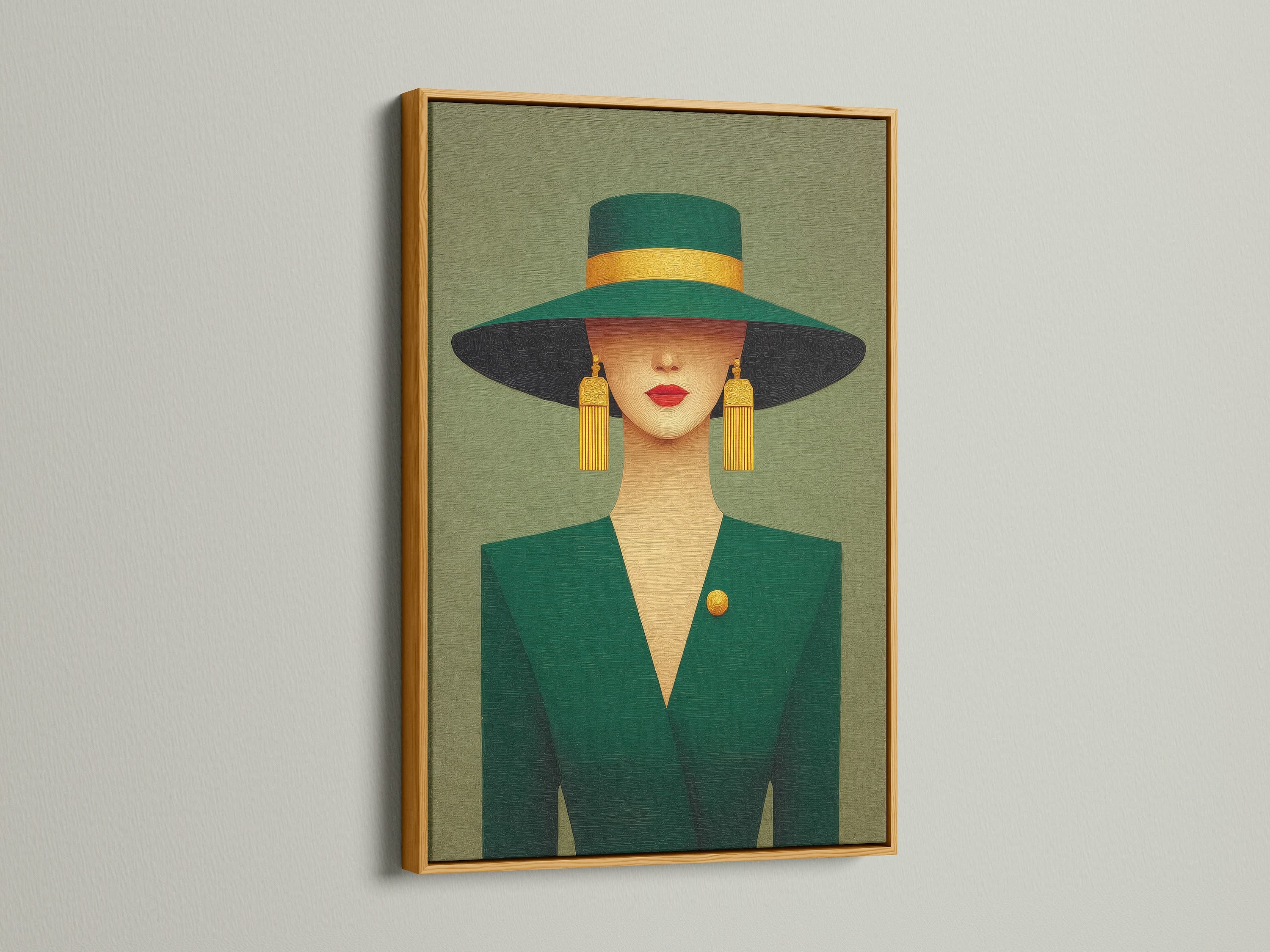 Elegant woman portrait artwork displayed in a gold frame. This art deco style print features emerald green and gold. It adds a touch of vintage fashion to any wall. The gold frame accentuates the artwork's luxurious feel. Perfect for a sophisticated touch.