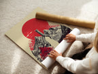 A woman is carefully rolling fine art poster paper. She prepares it for framing or display. The paper is high quality ensuring a perfect art print. Precision and care are key in art handling.