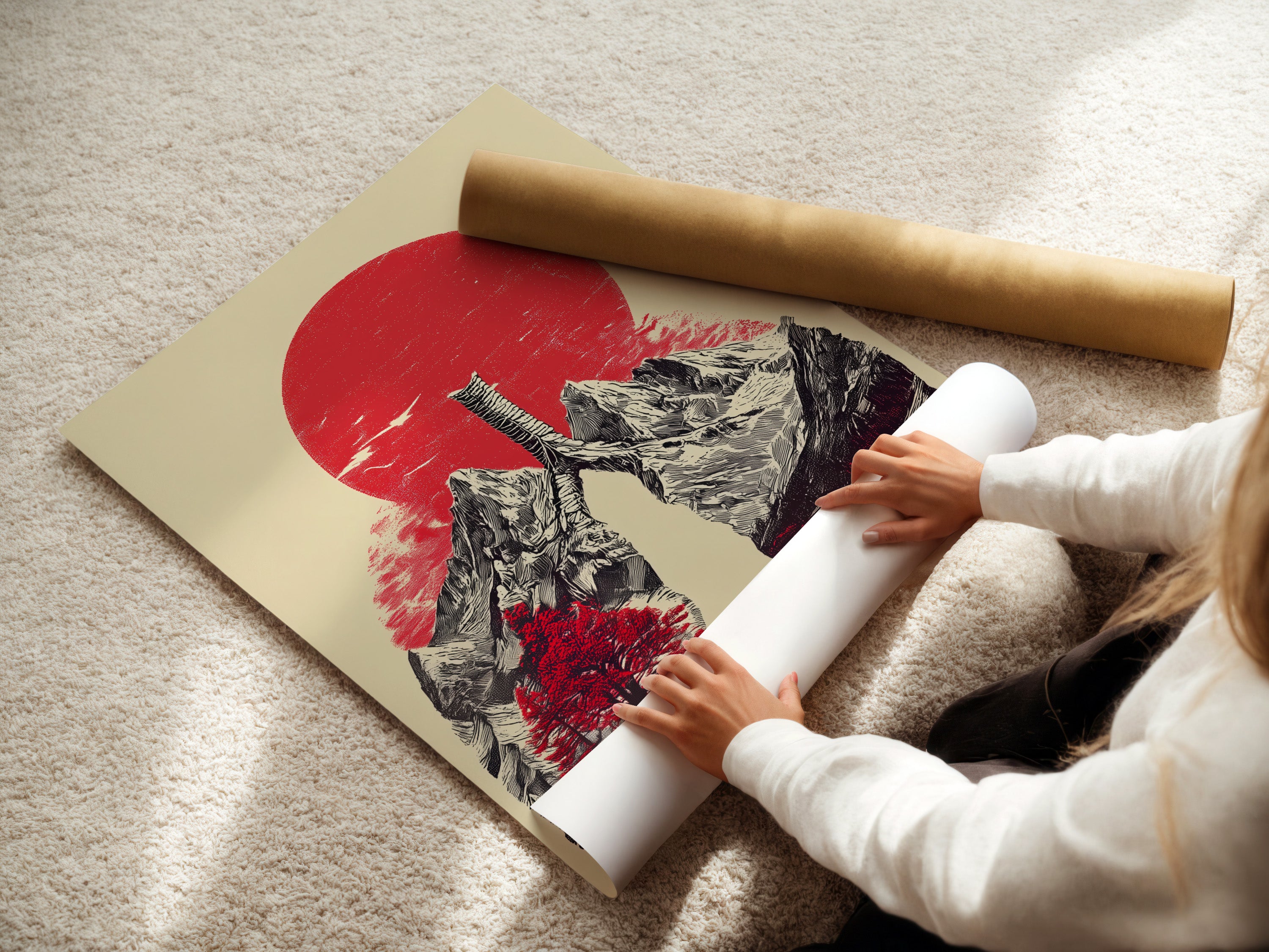 A woman is carefully rolling fine art poster paper. She prepares it for framing or display. The paper is high quality ensuring a perfect art print. Precision and care are key in art handling.
