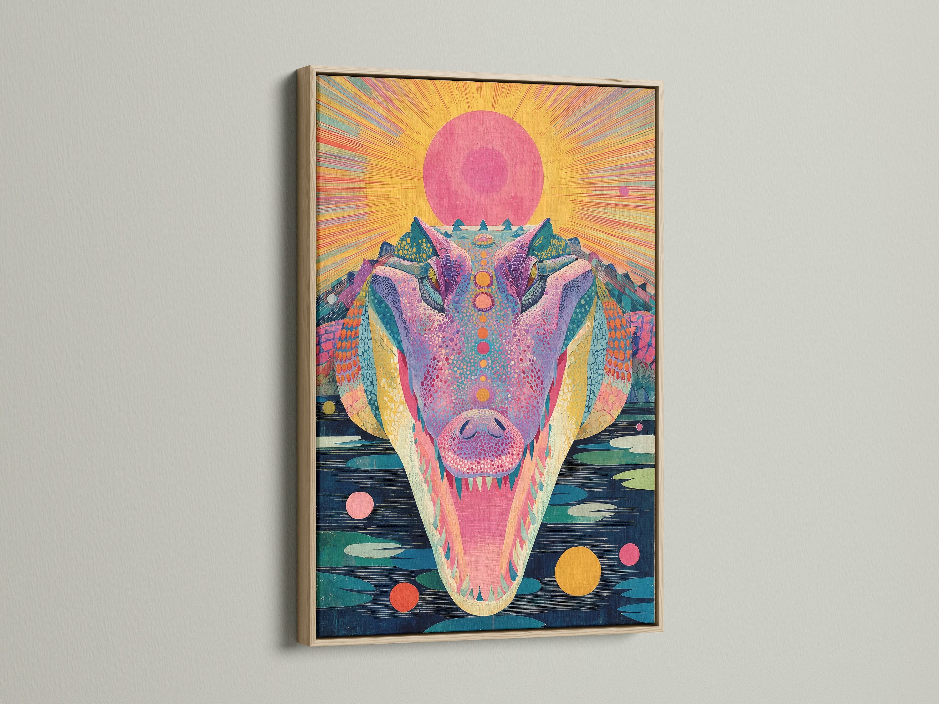 Psychedelic Alligator Art Print - Colorful Reptile Wall Art, Trippy Animal Poster, Retro Sun Design, Vibrant Home Decor
