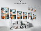 A size comparison chart displayed in a modern interior. The chart shows various sizes of airplane art. Visualize the perfect fit for your space. Abstract aviation wall art for any room. Find the ideal size for your sunset reflection artwork.