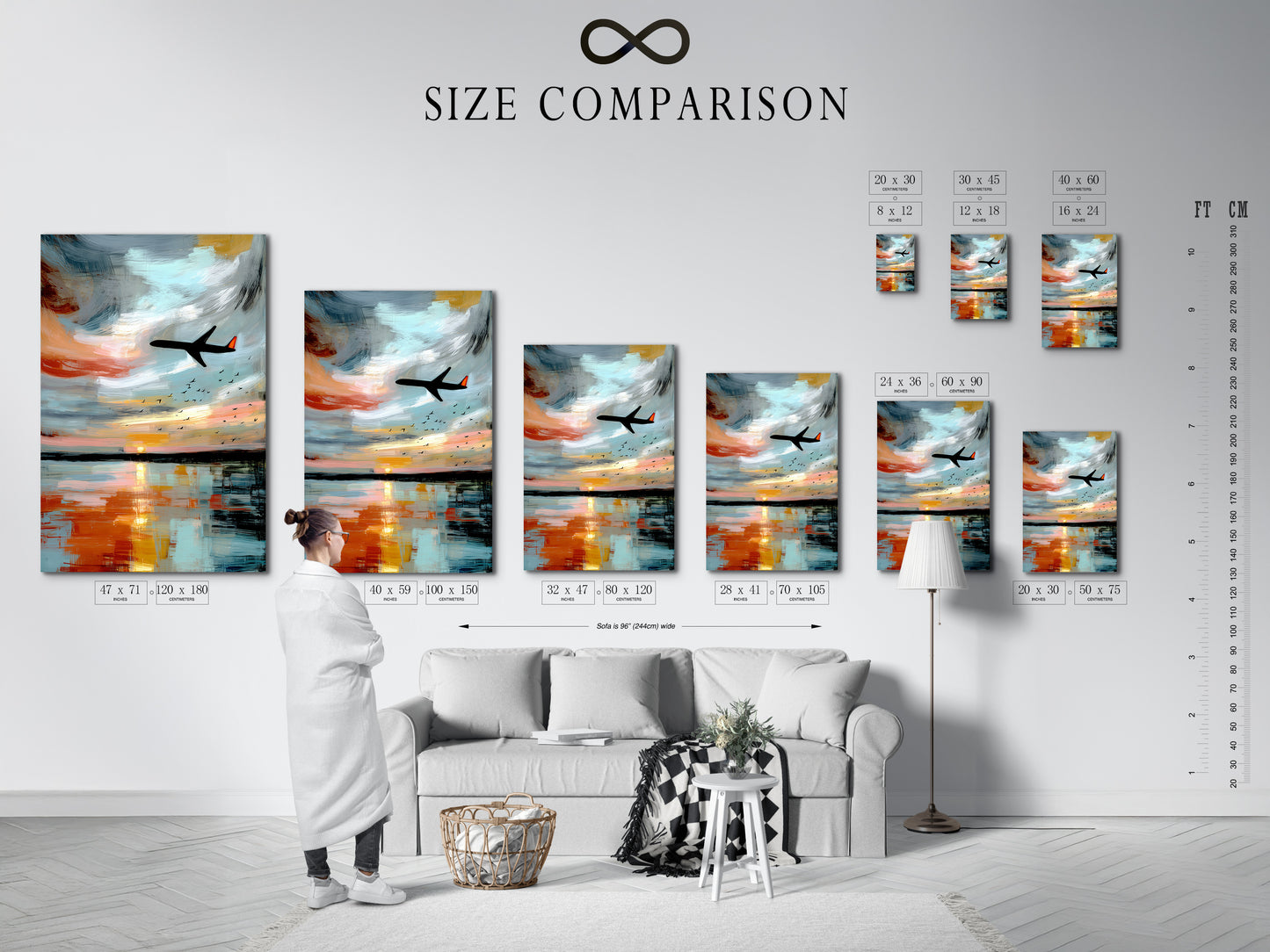 A size comparison chart displayed in a modern interior. The chart shows various sizes of airplane art. Visualize the perfect fit for your space. Abstract aviation wall art for any room. Find the ideal size for your sunset reflection artwork.