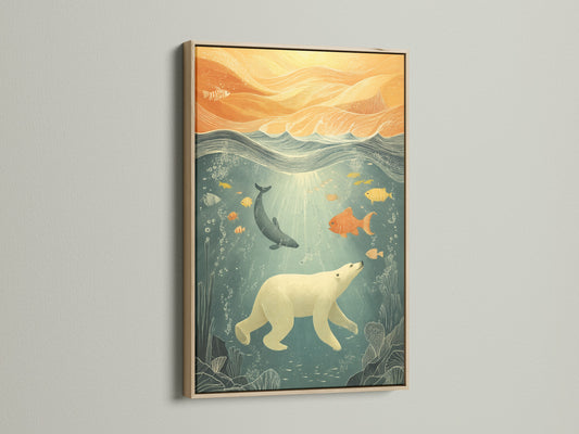 Ocean Wildlife Canvas Print in an oak frame. This framed art is perfect for kids rooms. It features a polar bear underwater with fish. This marine life decor complements coastal Scandinavian and modern styles. Add whimsical art to nurseries and playrooms with this piece.