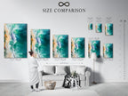 A size comparison chart is displayed in an interior. The chart shows different art print sizes. This helps visualize the perfect fit for your space. Sizes are available for various wall art needs.