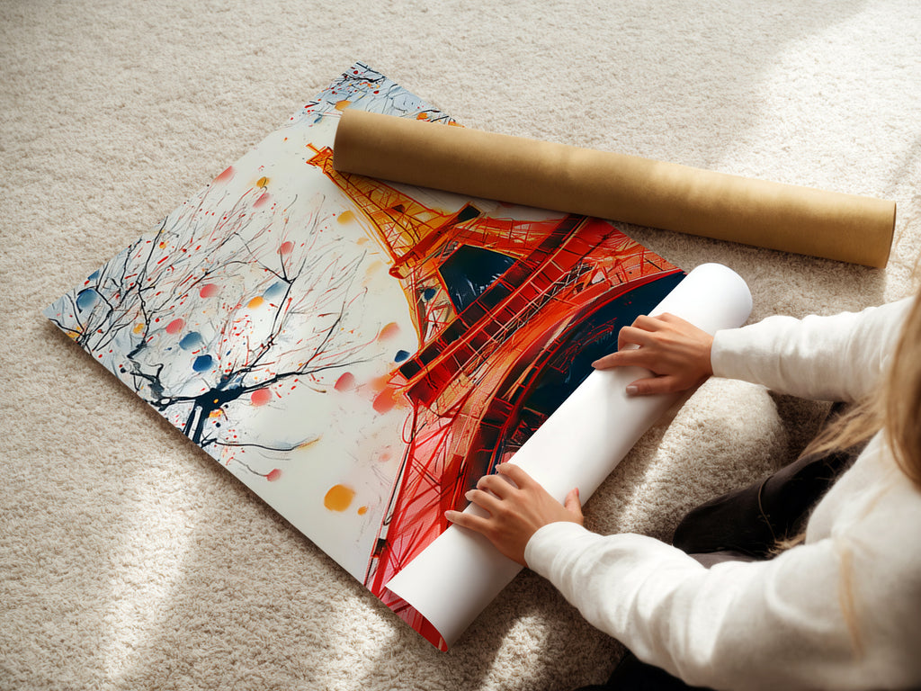 A woman is carefully rolling a fine art poster paper print of the Eiffel Tower art. High-quality paper ensures vibrant colors and a lasting impression of the Paris wall art for home or office.