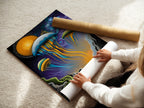 A woman carefully rolls a fine art poster paper. She prepares the jellyfish artwork for display. This psychedelic sea poster is ready to enhance your wall decor. Perfect for homeowners and renters seeking modern art. Add a touch of the ocean to your living space. The blue and gold tones create a calming atmosphere with marine artwork.