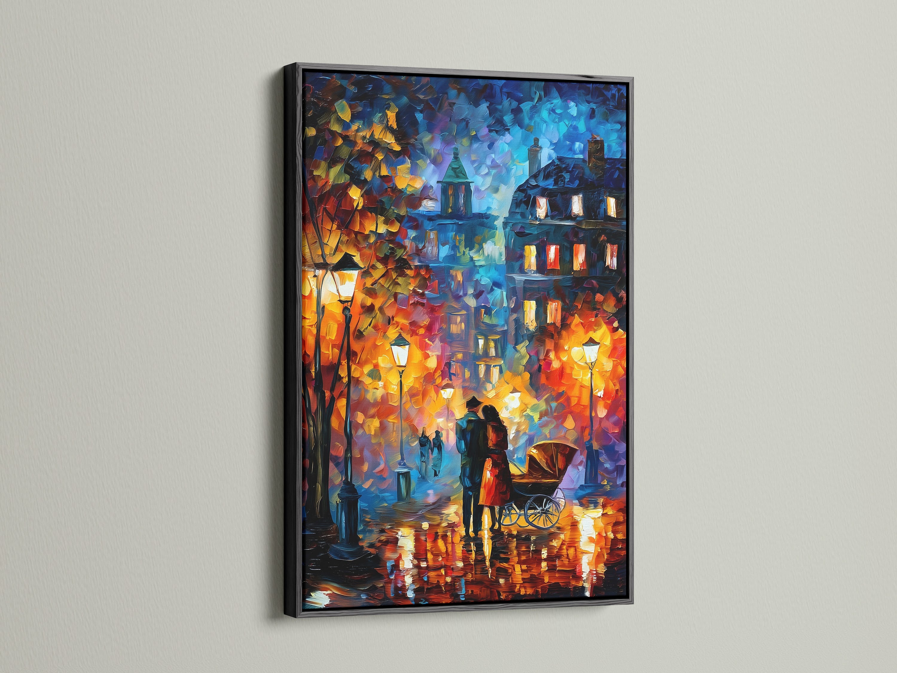 Romantic Street Art Canvas Print with a black frame. This piece features a colorful rainy night scene. The black frame enhances the artwork's contemporary style. Ideal for a modern living room or bedroom. A beautiful and moody wall art option.