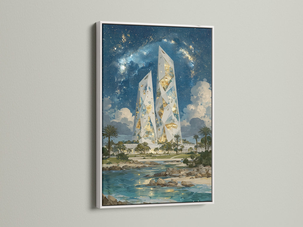 This image shows Crystal Tower artwork in a white frame. The fantasy landscape art is ideal for contemporary spaces. The white frame enhances its clean modern look. This art piece is versatile for any room.