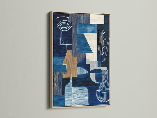Elevate your walls with our abstract blue artwork showcased in an oak frame. The artwork features a modern geometric design in navy and white. Ideal for minimalist contemporary or Scandinavian interiors. Bring sophistication to your home or office decor now!